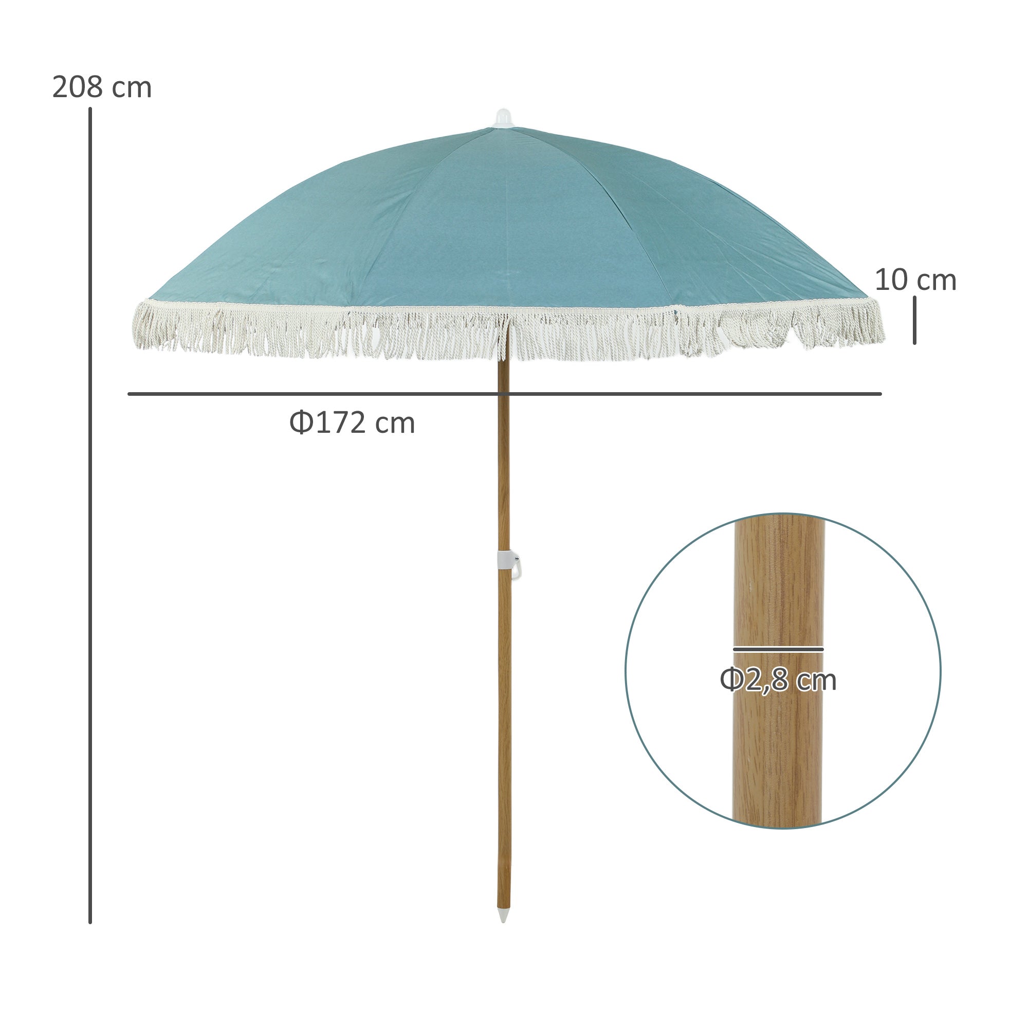 Beach Umbrella with Wood Effect Pole Ø 1.7m, Large Height Adjustable Fringed Sun Umbrella with UPF50+ Sun Protection, Lightweight Carry Bag Included, Light Blue