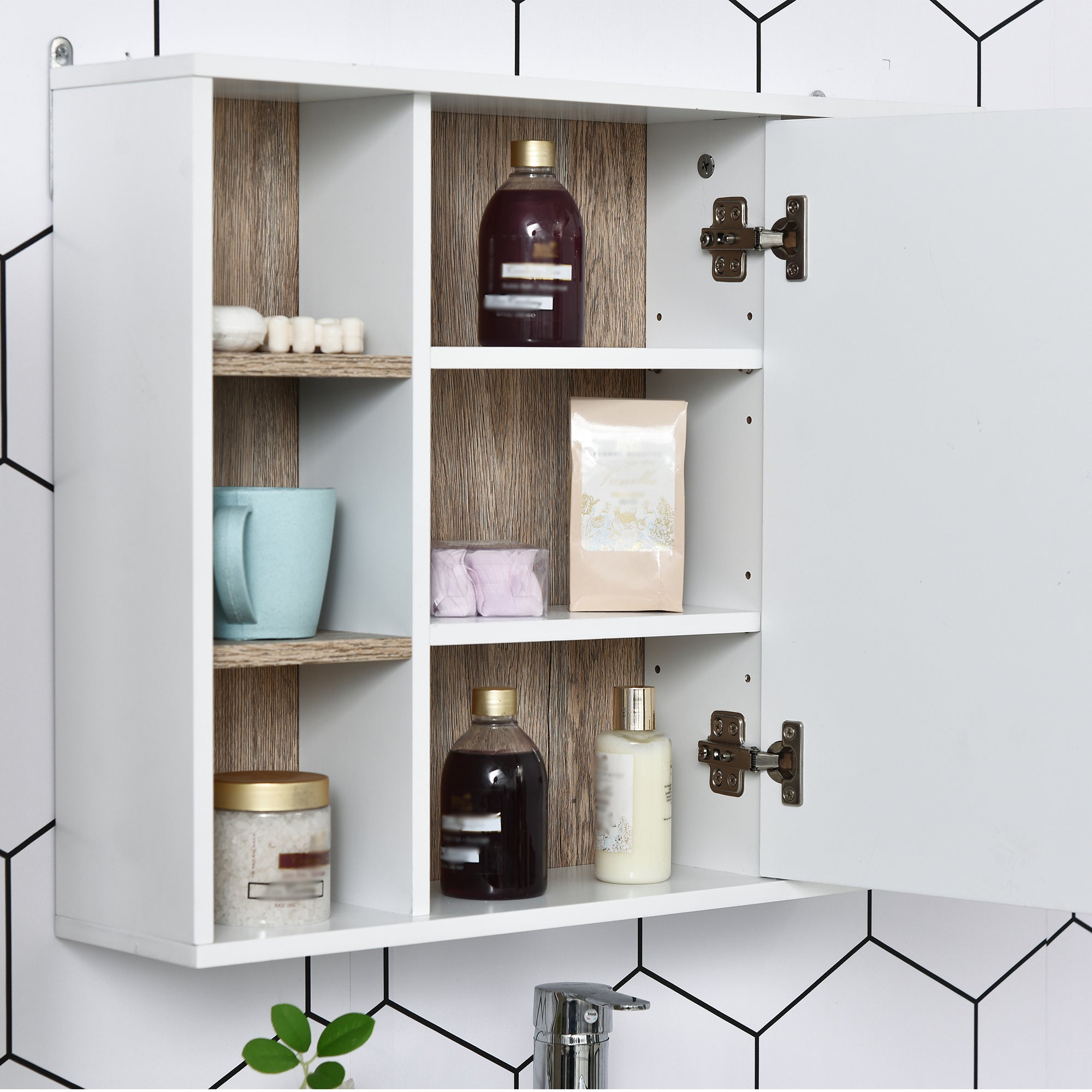 Mirror Cabinet with Internal Space with Adjustable Shelves Wall-Mounted Bathroom Cabinet with Open Shelves 60x14.5x49.4 cm White and Oak