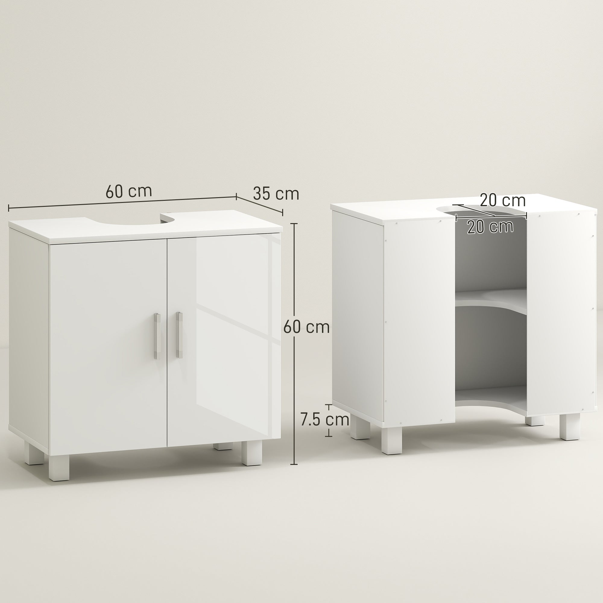Under Sink Cabinet Sink Cabinet with Pedestal Bathroom Cabinet with 2 Doors 2 Shelves and Anti-Tip System for Bathroom 60x35x60 cm White