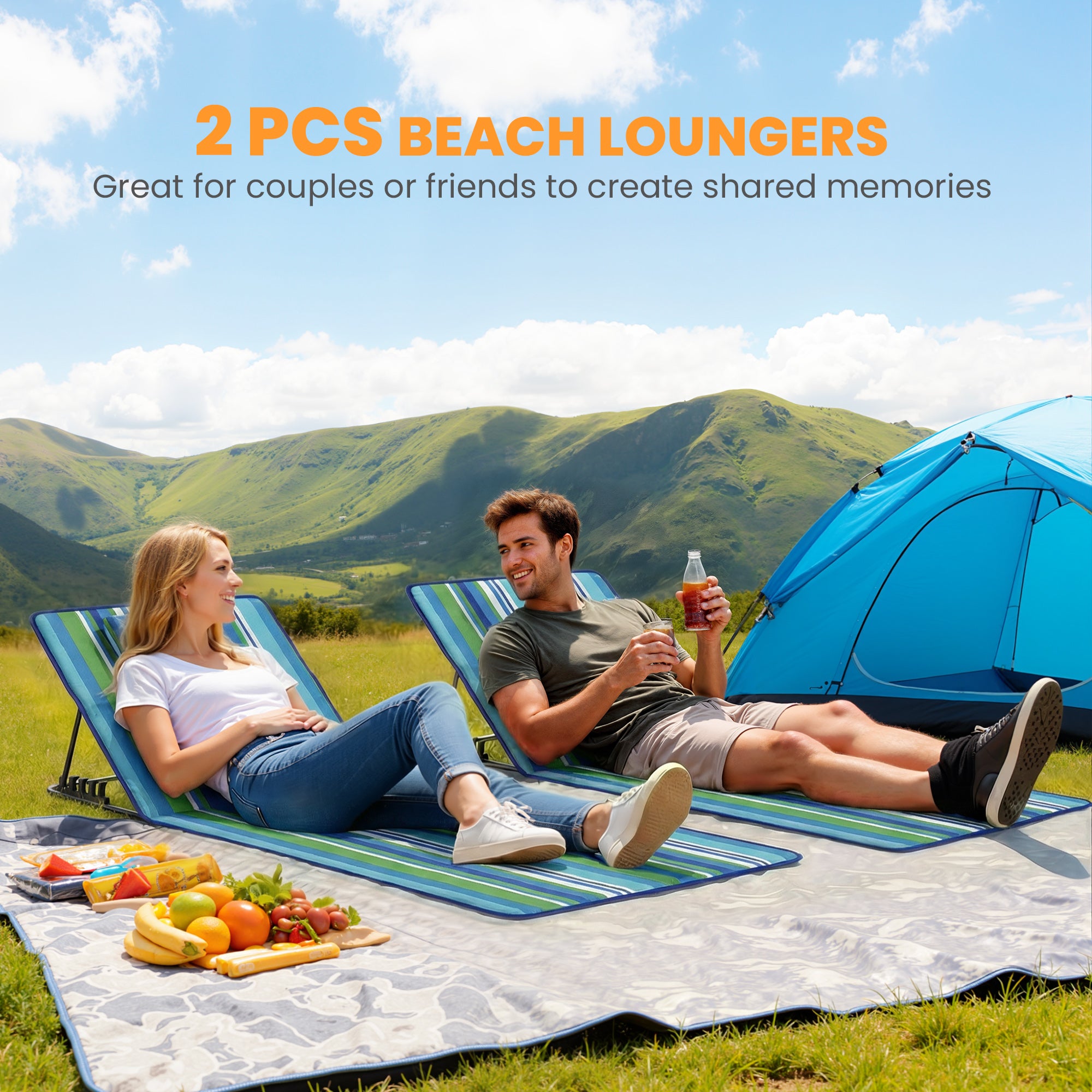 2-Pack Foldable Beach Loungers with Adjustable Backrests, Head Pillows & Storage Bag — Dark Gray