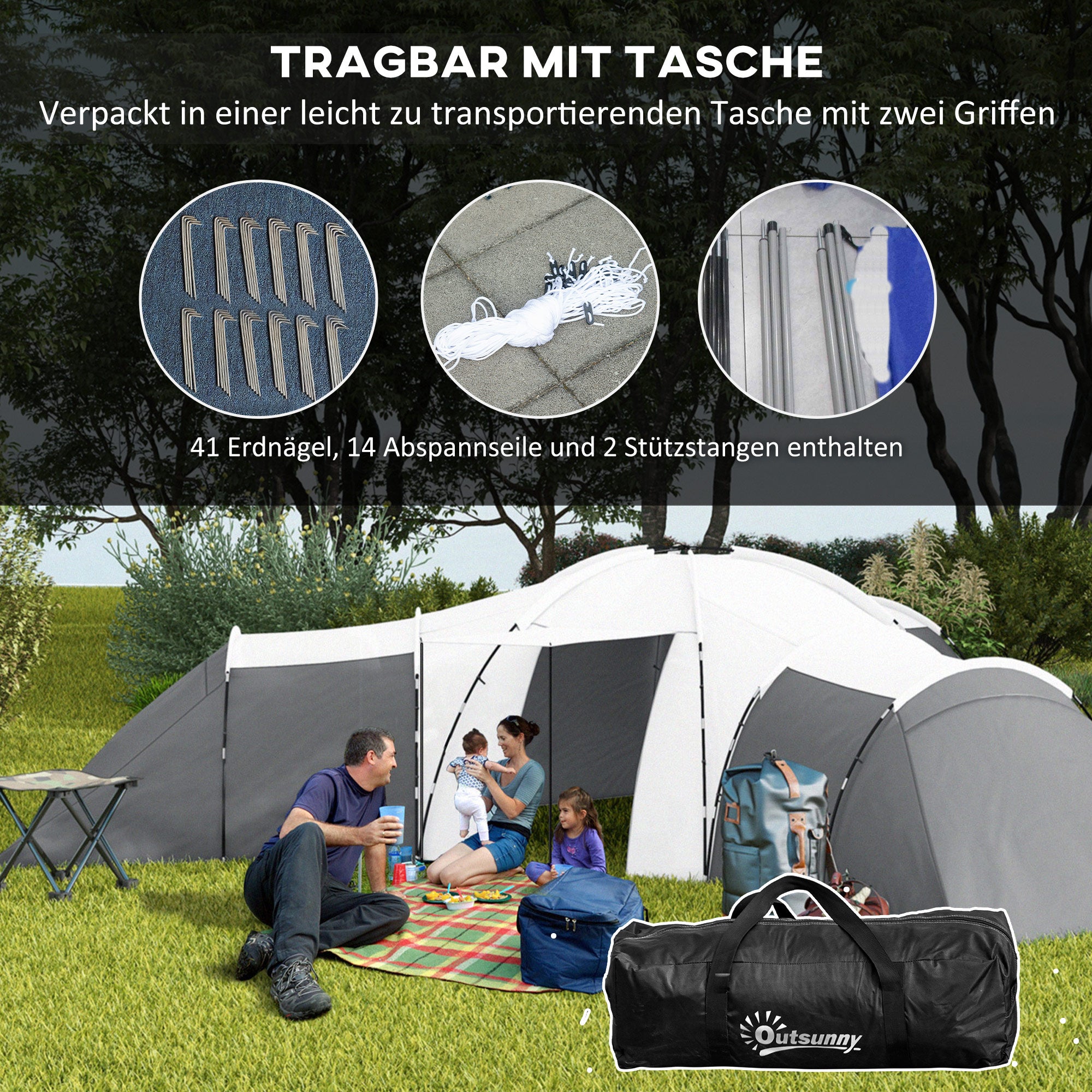 Tunnel Tent, Camping Tent for 6-9 People, Family Tent with 3 Bedrooms, Living Room, Porch, Carrying Bag, 2000mm Waterproof Oxford, for Garden, Gray
