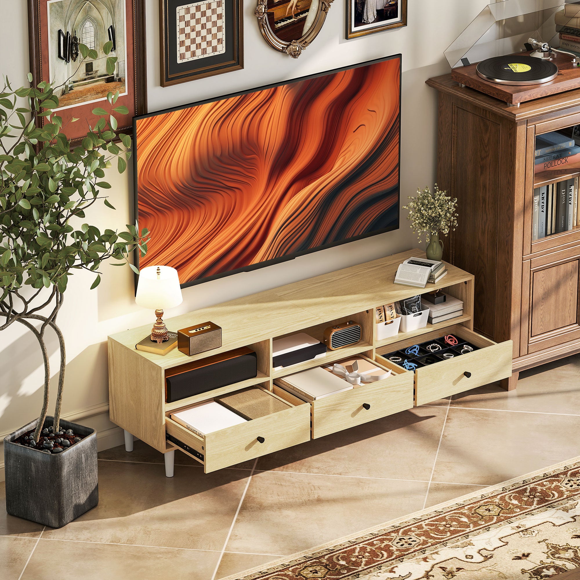 TV Stand TV Cabinet Wood TV Unit for TVs up to 75" with 3 Drawers, 3 Open Shelves, Cable Management, for Living Room Bedroom, 140 x 34 x 45 cm, Natural Wood