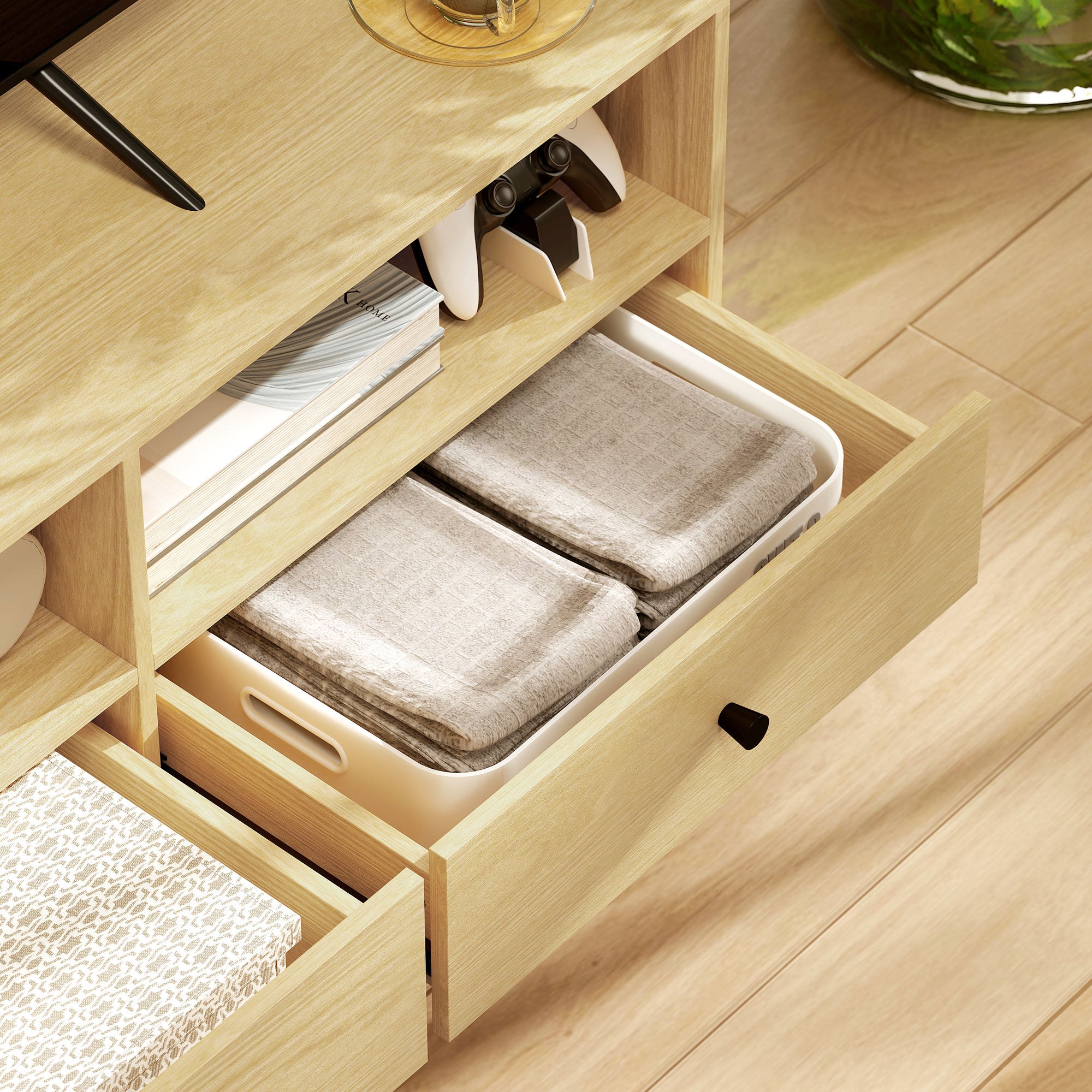 TV Stand TV Cabinet Wood TV Unit for TVs up to 75" with 3 Drawers, 3 Open Shelves, Cable Management, for Living Room Bedroom, 140 x 34 x 45 cm, Natural Wood