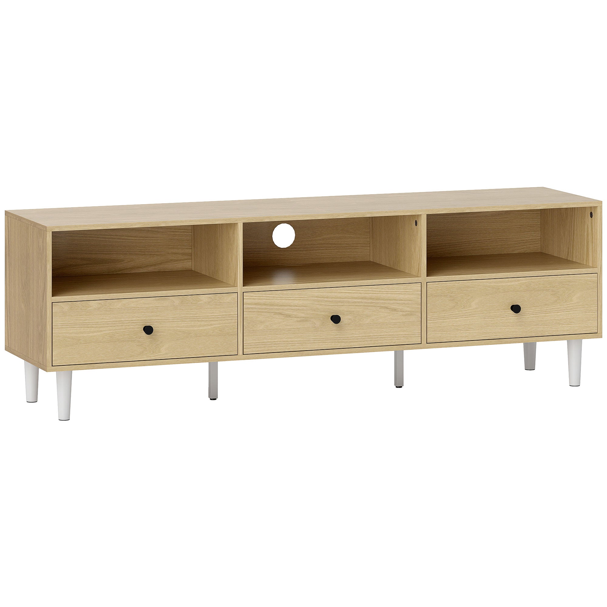 TV Stand TV Cabinet Wood TV Unit for TVs up to 75" with 3 Drawers, 3 Open Shelves, Cable Management, for Living Room Bedroom, 140 x 34 x 45 cm, Natural Wood