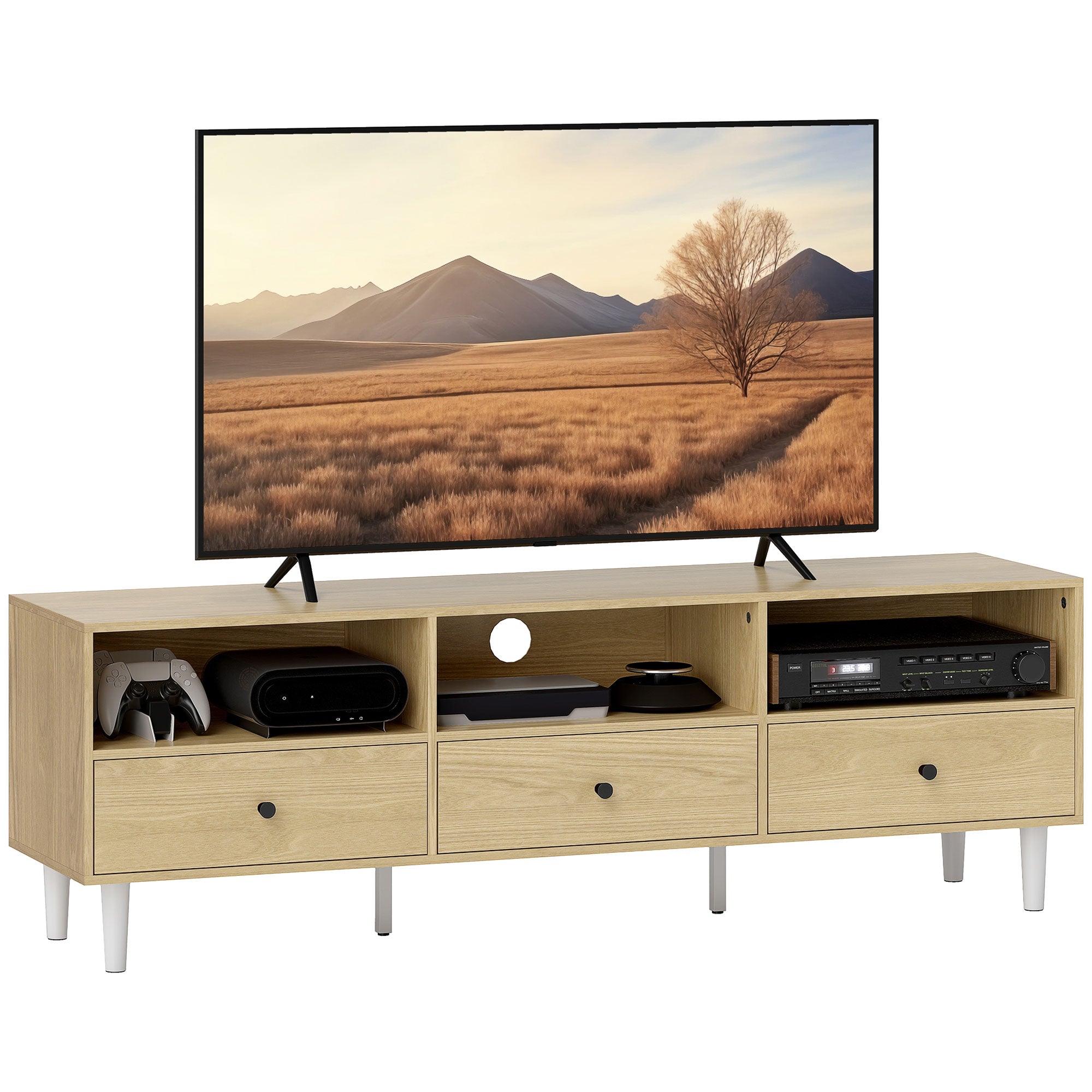 TV Stand TV Cabinet Wood TV Unit for TVs up to 75" with 3 Drawers, 3 Open Shelves, Cable Management, for Living Room Bedroom, 140 x 34 x 45 cm, Natural Wood