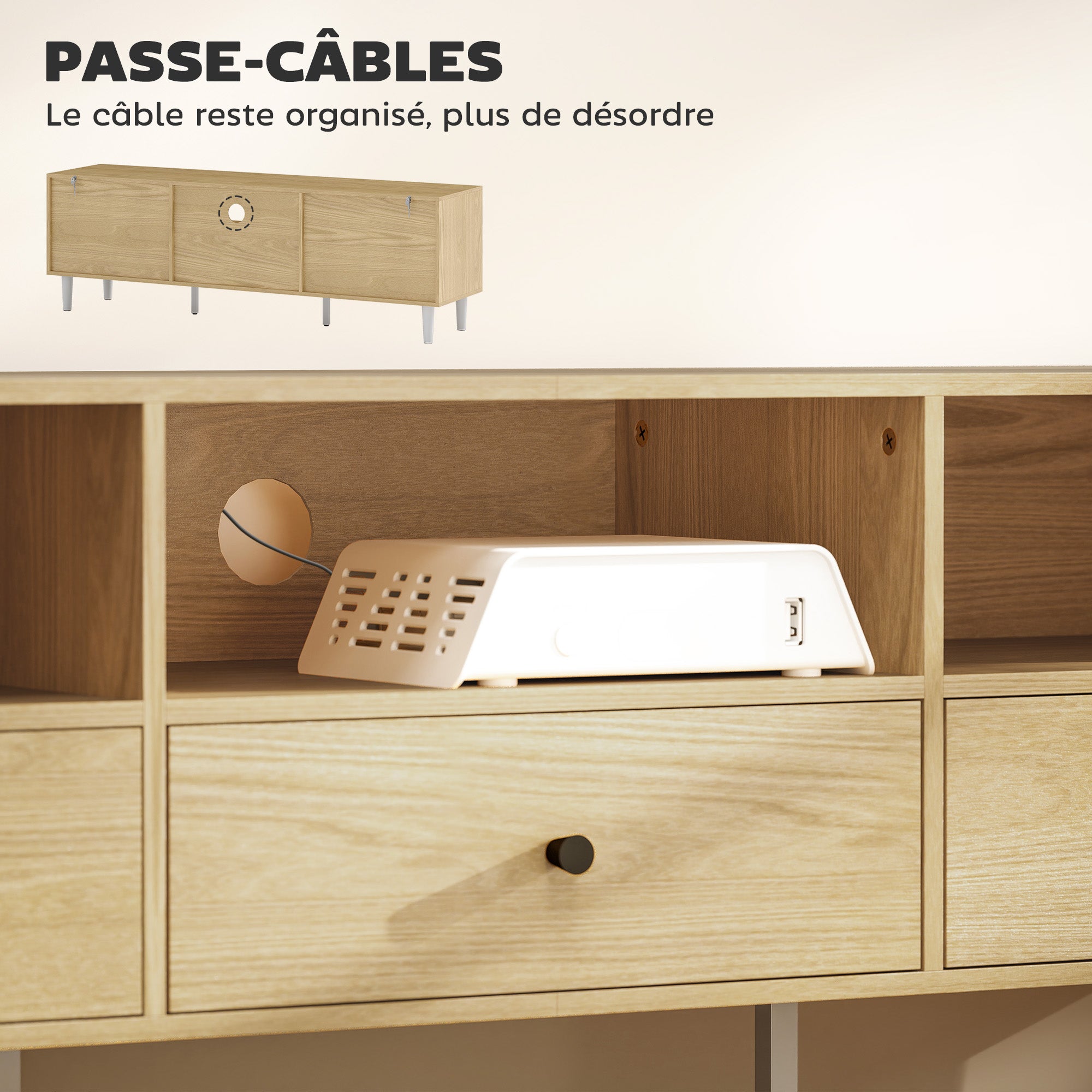 TV Stand TV Cabinet Wood TV Unit for TVs up to 75" with 3 Drawers, 3 Open Shelves, Cable Management, for Living Room Bedroom, 140 x 34 x 45 cm, Natural Wood