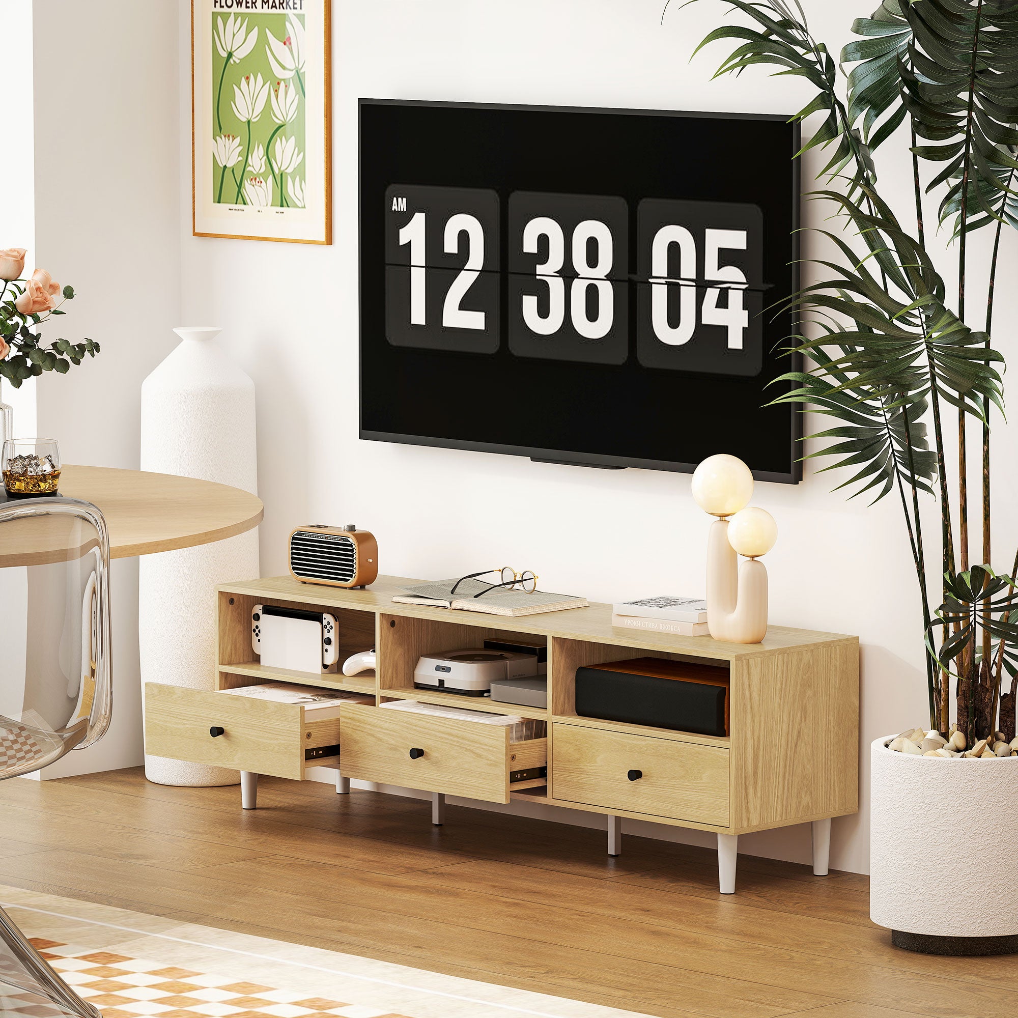 TV Stand TV Cabinet Wood TV Unit for TVs up to 75" with 3 Drawers, 3 Open Shelves, Cable Management, for Living Room Bedroom, 140 x 34 x 45 cm, Natural Wood