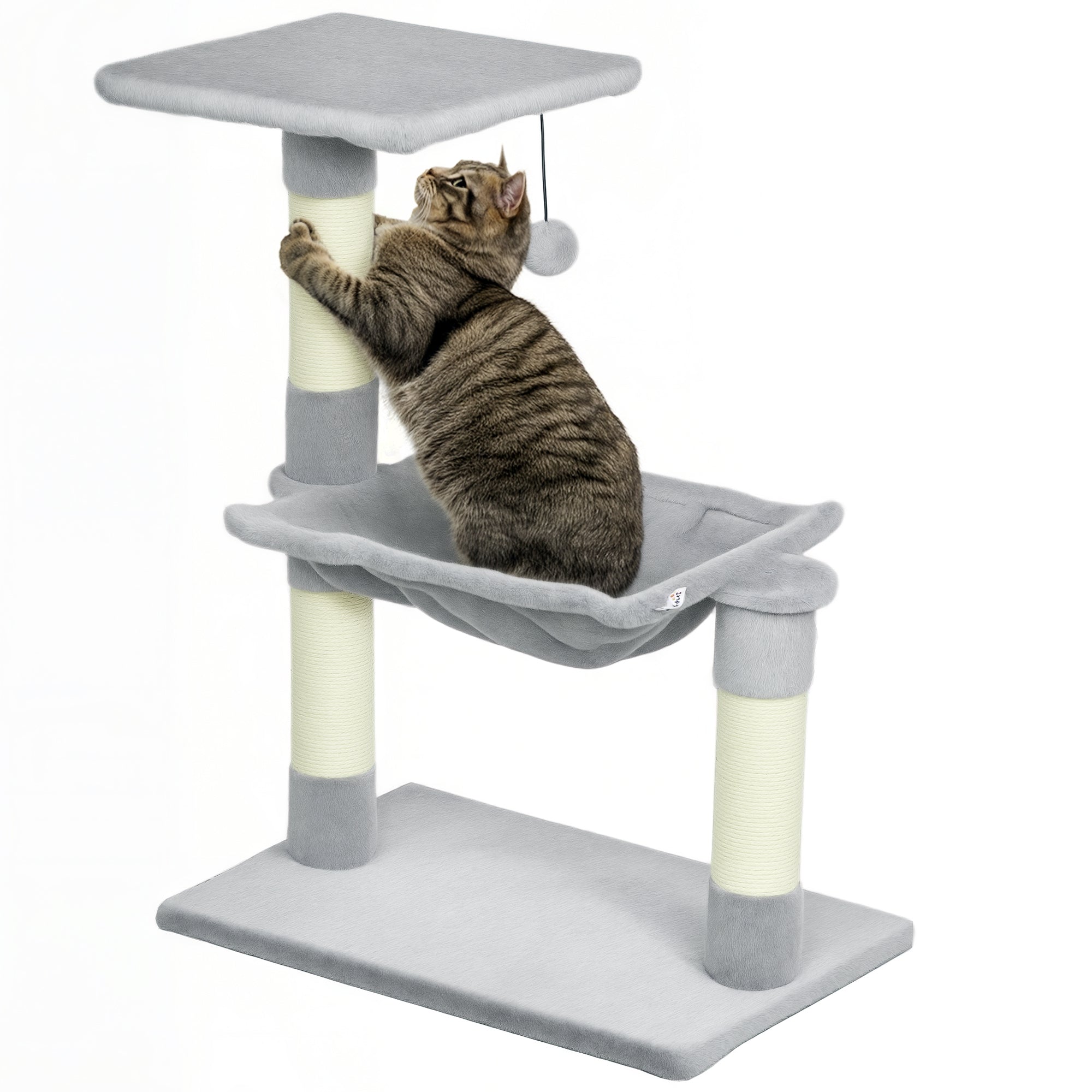 Cat Tree with 3 Scratching Posts Sisal Natural Platform Hammock and Hanging Ball Toy dimensions 19.7L x 10.2W x 27.6H inches short plush light grey
