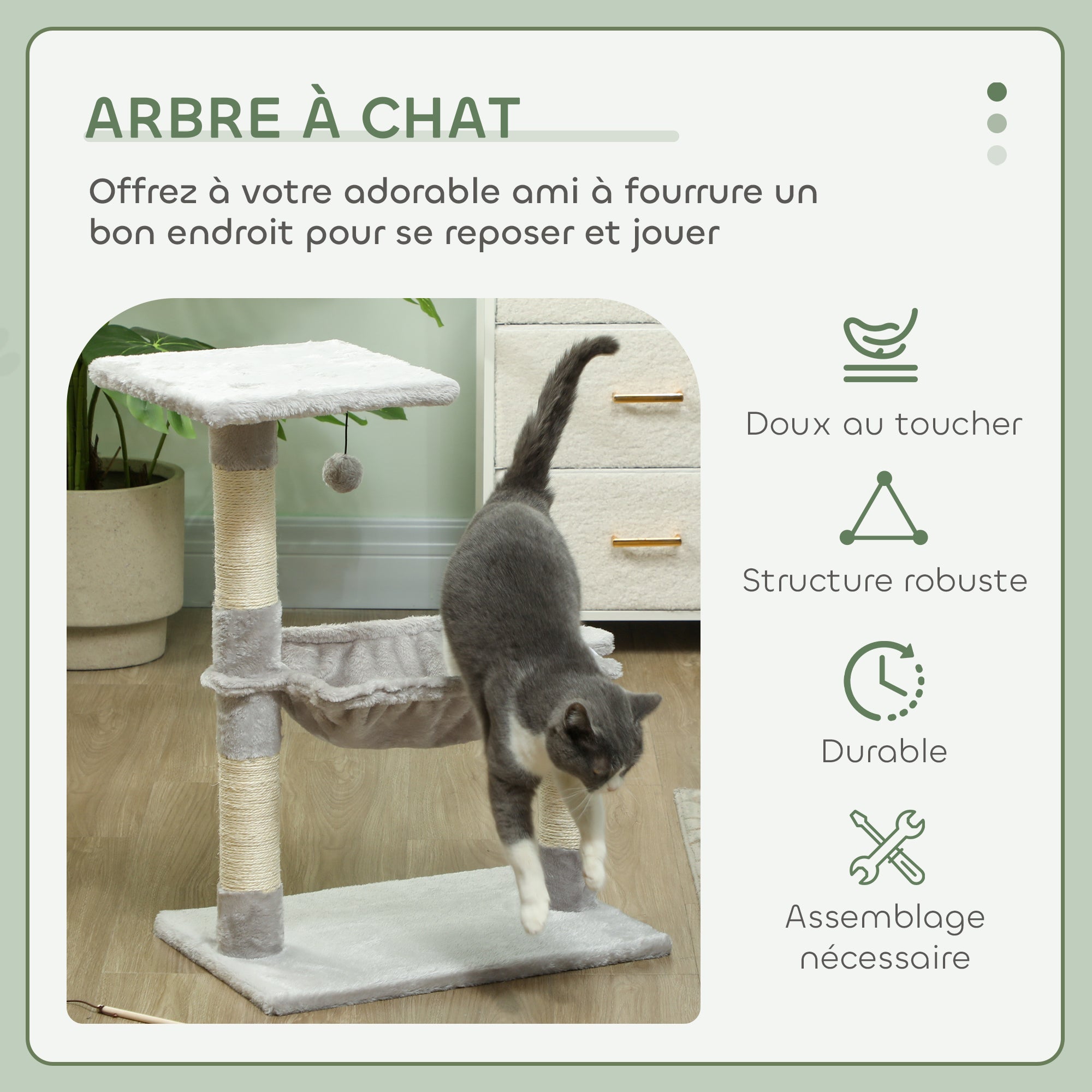 Cat Tree with 3 Scratching Posts Sisal Natural Platform Hammock and Hanging Ball Toy dimensions 19.7L x 10.2W x 27.6H inches short plush light grey