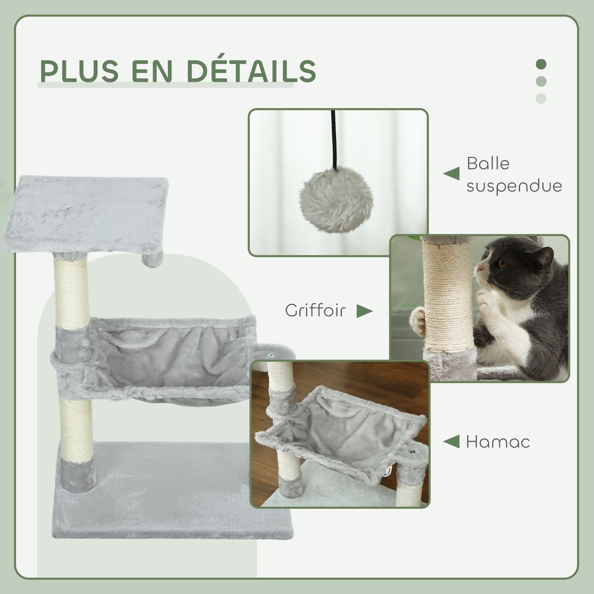 Cat Tree with 3 Scratching Posts Sisal Natural Platform Hammock and Hanging Ball Toy dimensions 19.7L x 10.2W x 27.6H inches short plush light grey