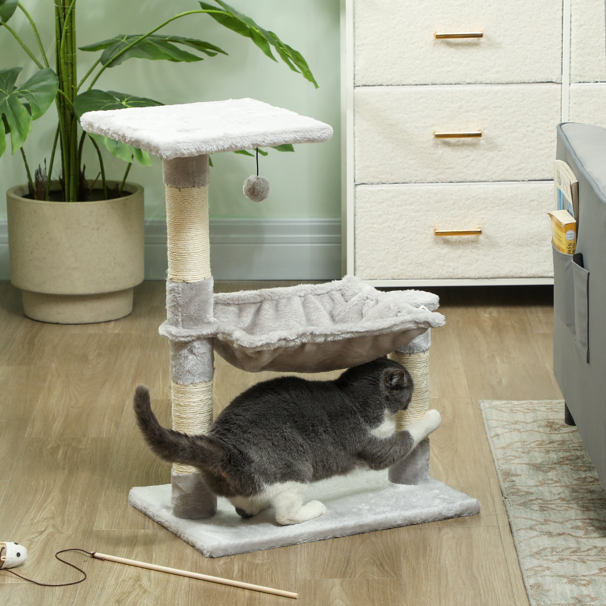 Cat Tree with 3 Scratching Posts Sisal Natural Platform Hammock and Hanging Ball Toy dimensions 19.7L x 10.2W x 27.6H inches short plush light grey