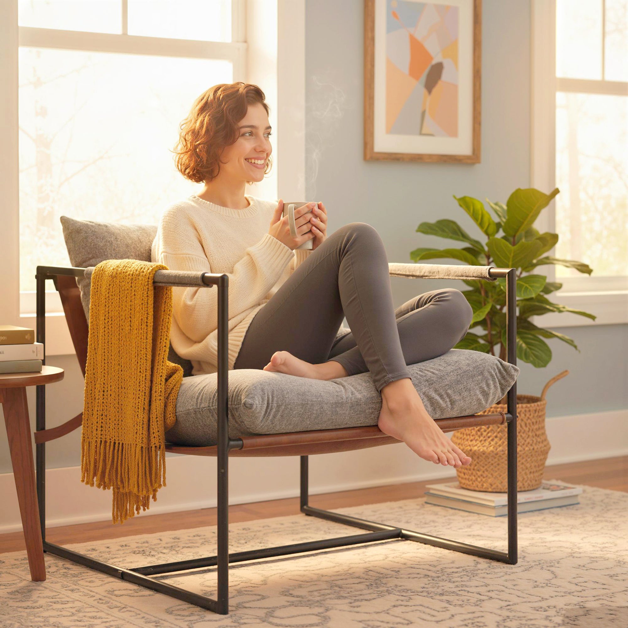 Accent Chair — Padded Printed Velvet Upholstery, Wide Seat, Carbon Steel Frame, Light Gray