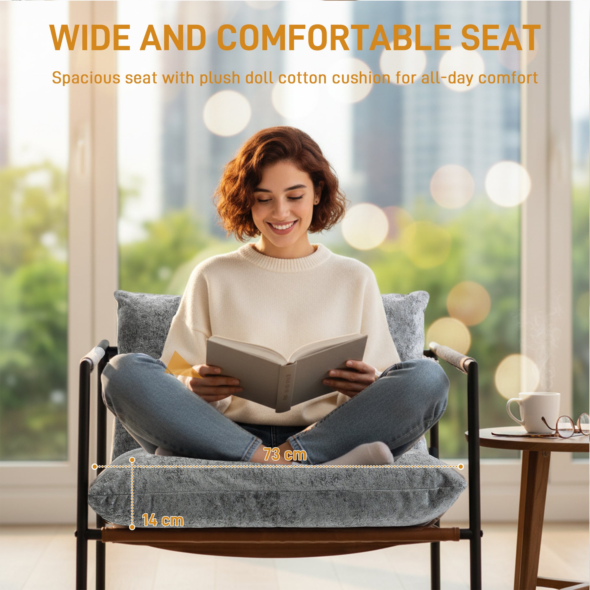 Accent Chair — Padded Printed Velvet Upholstery, Wide Seat, Carbon Steel Frame, Light Gray