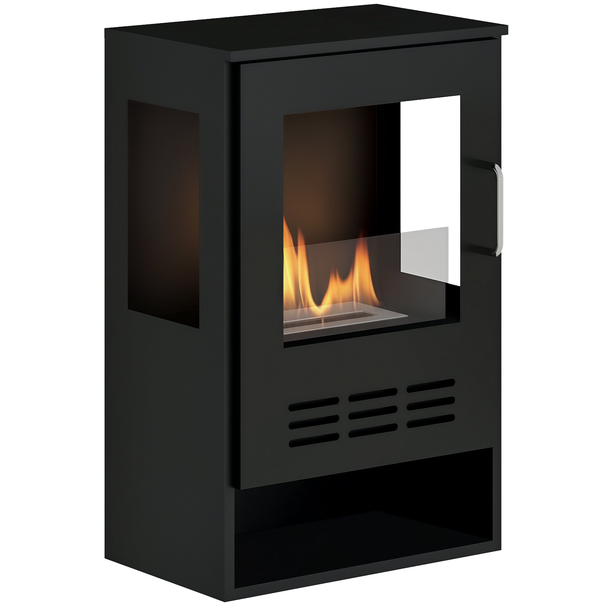 Freestanding Bioethanol Fireplace with 0.9L Burner for 3.3 Hour Duration, Steel and Glass Fireplace, Ethanol Fireplace Covering 20㎡, 44x28x68 cm, Black