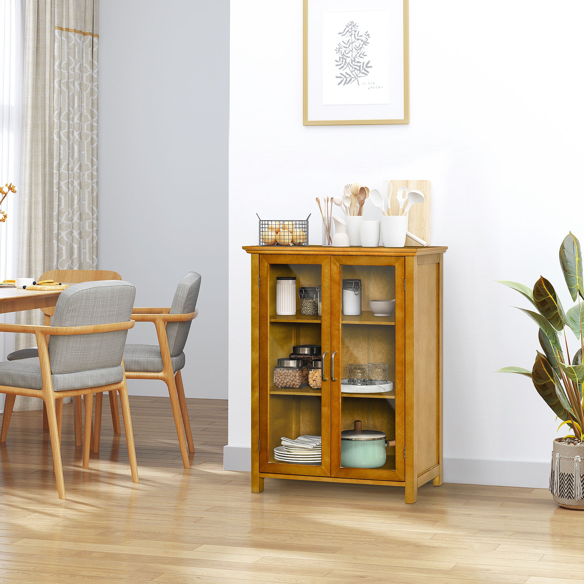 Auxiliary Sideboard with 2 Glass Doors Multi-purpose Living Room Cabinet with 2 Adjustable Interior Shelves Retro Style for Bathroom Kitchen Dining Room 66x31.8x86.8 cm Walnut