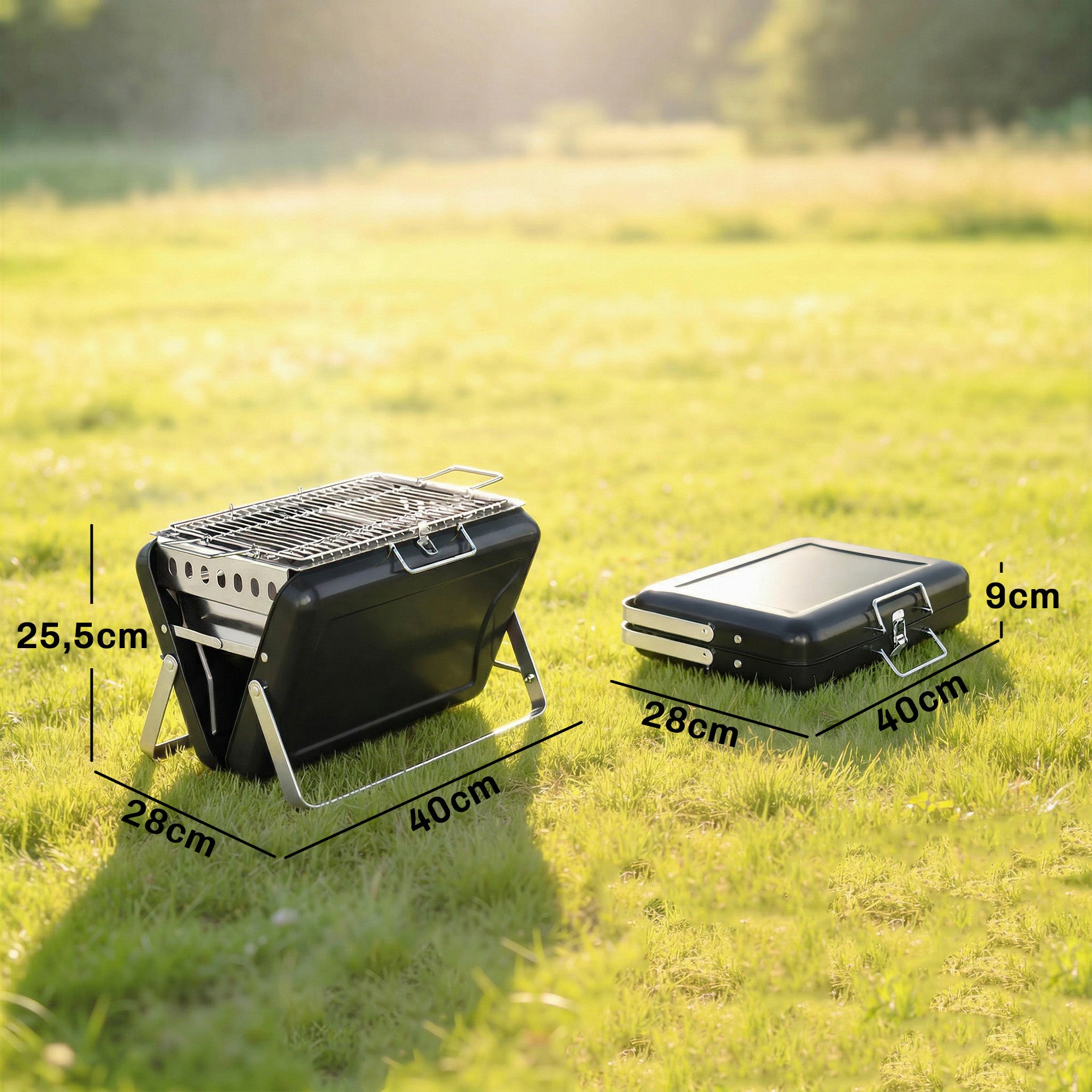Stainless Steel Charcoal BBQ Smoker with Cooking Grate — Portable Carry Handle, Folding Legs, Charcoal Stand Grill for Barbecue, Camping, Patio & Garden, 15.7 x 11.0 x 10.0 in, Black