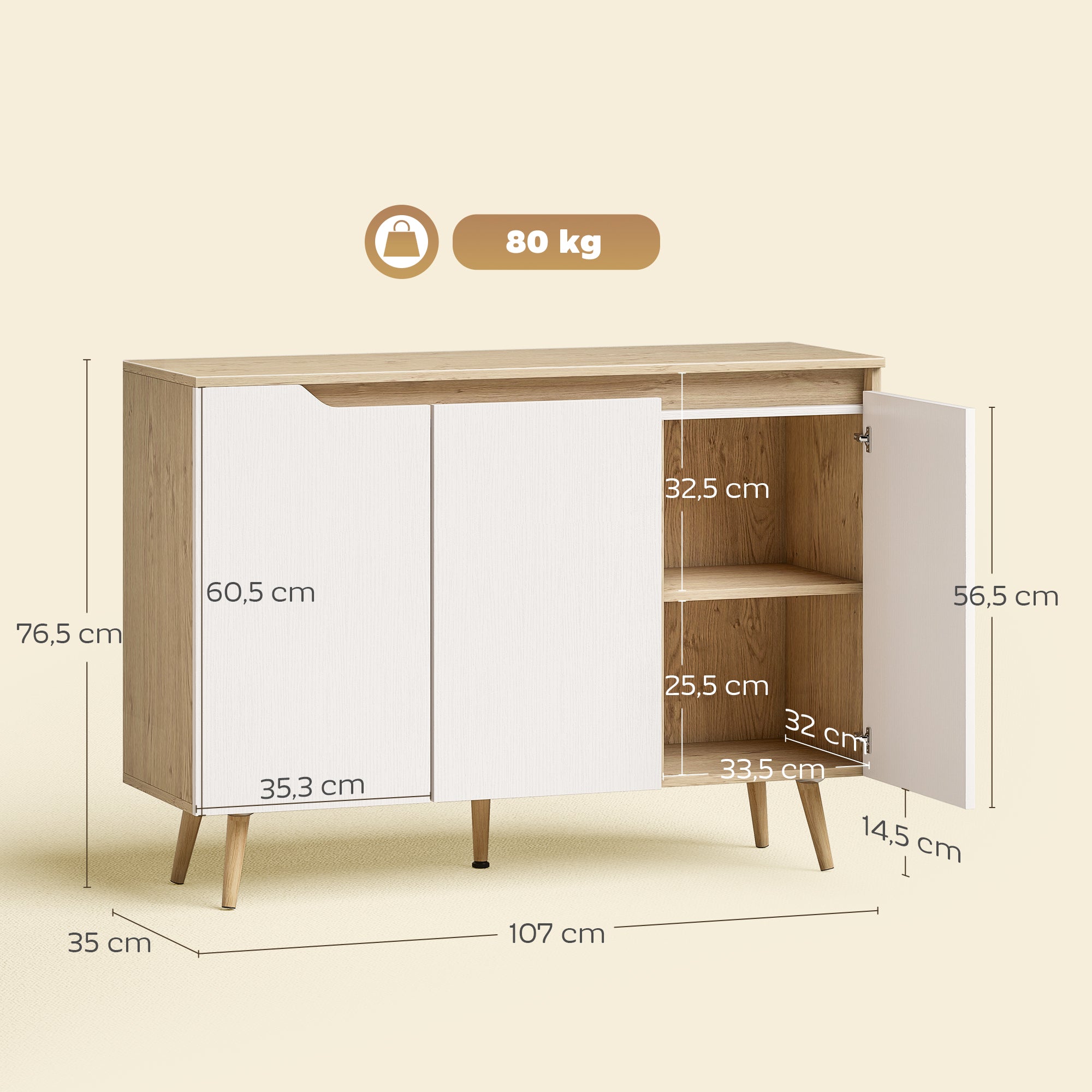 Sideboard Cabinet, 3 Doors, 2 Adjustable Shelves, 5 Hevea Rubberwood Legs, Rustic Oak & White, 107 x 35 x 76.5 cm (42.1 x 13.8 x 30.1 in)