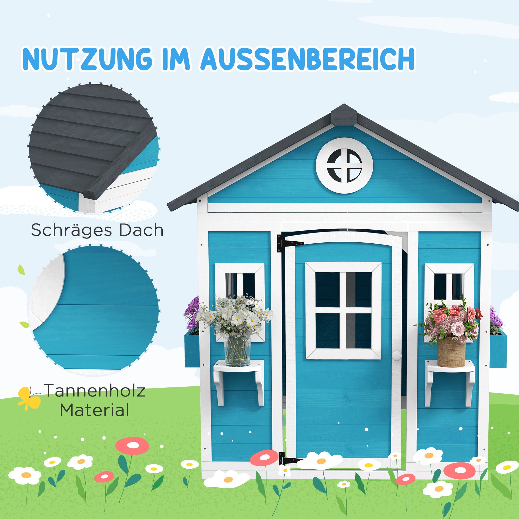 Wooden Playhouse for Kids Outdoor with Window, Flower Shelf, Planter Box, and Door Garden House for Children 3-8 Years Blue