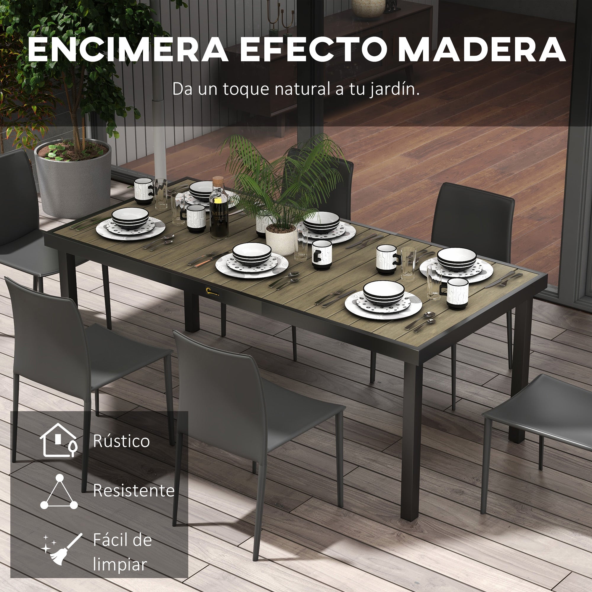 Aluminum Outdoor Dining Table Garden Table for 8 People with Slatted Top for Terrace Balcony 190x90x74 cm Natural and Black