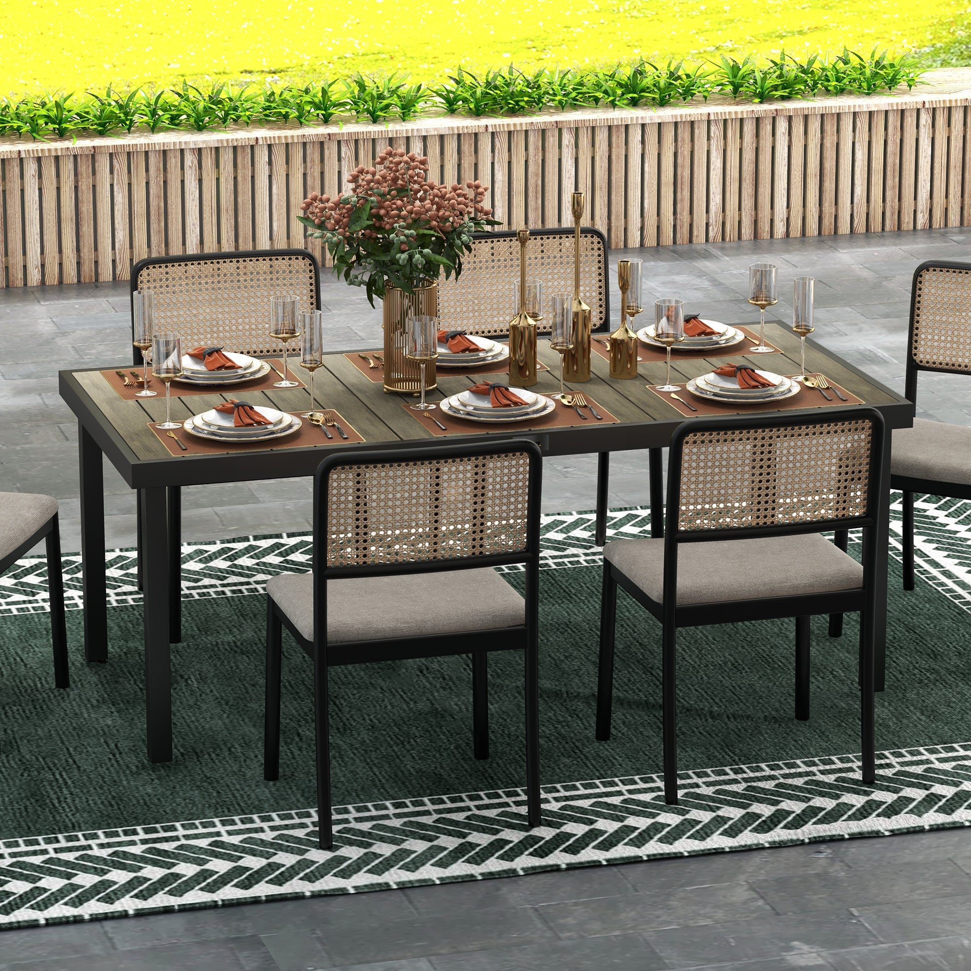 Aluminum Outdoor Dining Table Garden Table for 8 People with Slatted Top for Terrace Balcony 190x90x74 cm Natural and Black