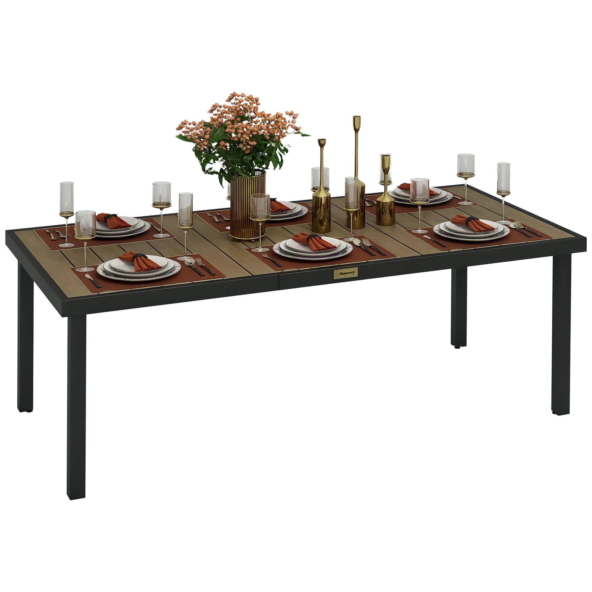 Aluminum Outdoor Dining Table Garden Table for 8 People with Slatted Top for Terrace Balcony 190x90x74 cm Natural and Black