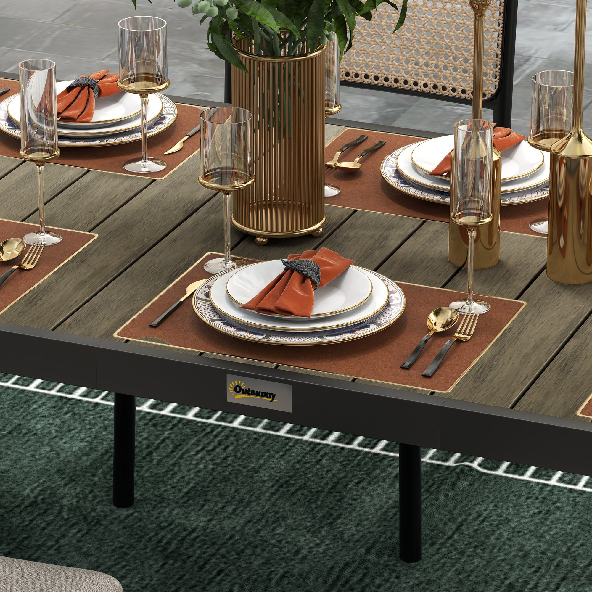 Aluminum Outdoor Dining Table Garden Table for 8 People with Slatted Top for Terrace Balcony 190x90x74 cm Natural and Black