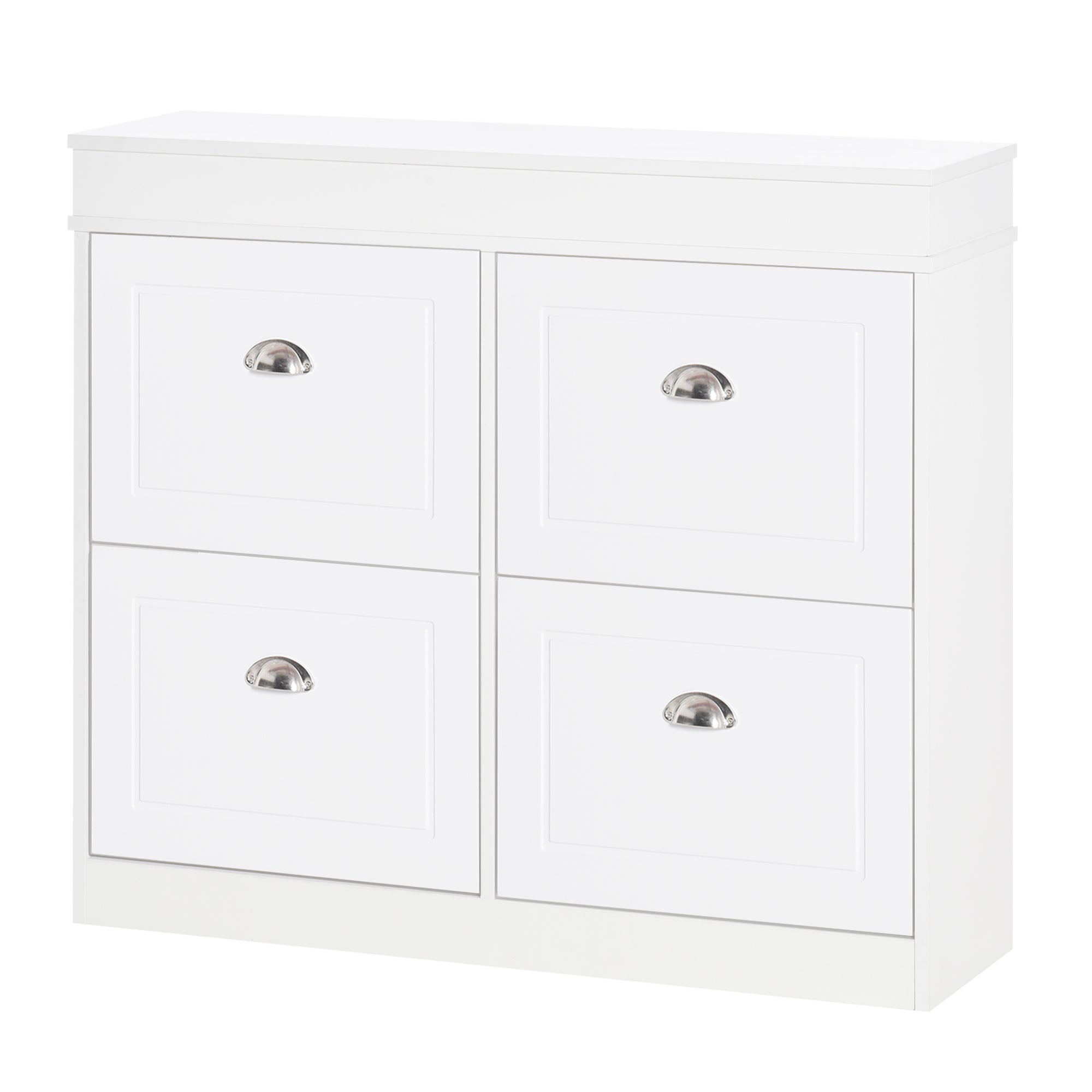 Shoe Cabinet Shoe Storage Unit dim. 98L x 24W x 83H cm 4 Flip-Down Doors Double Level MDF White