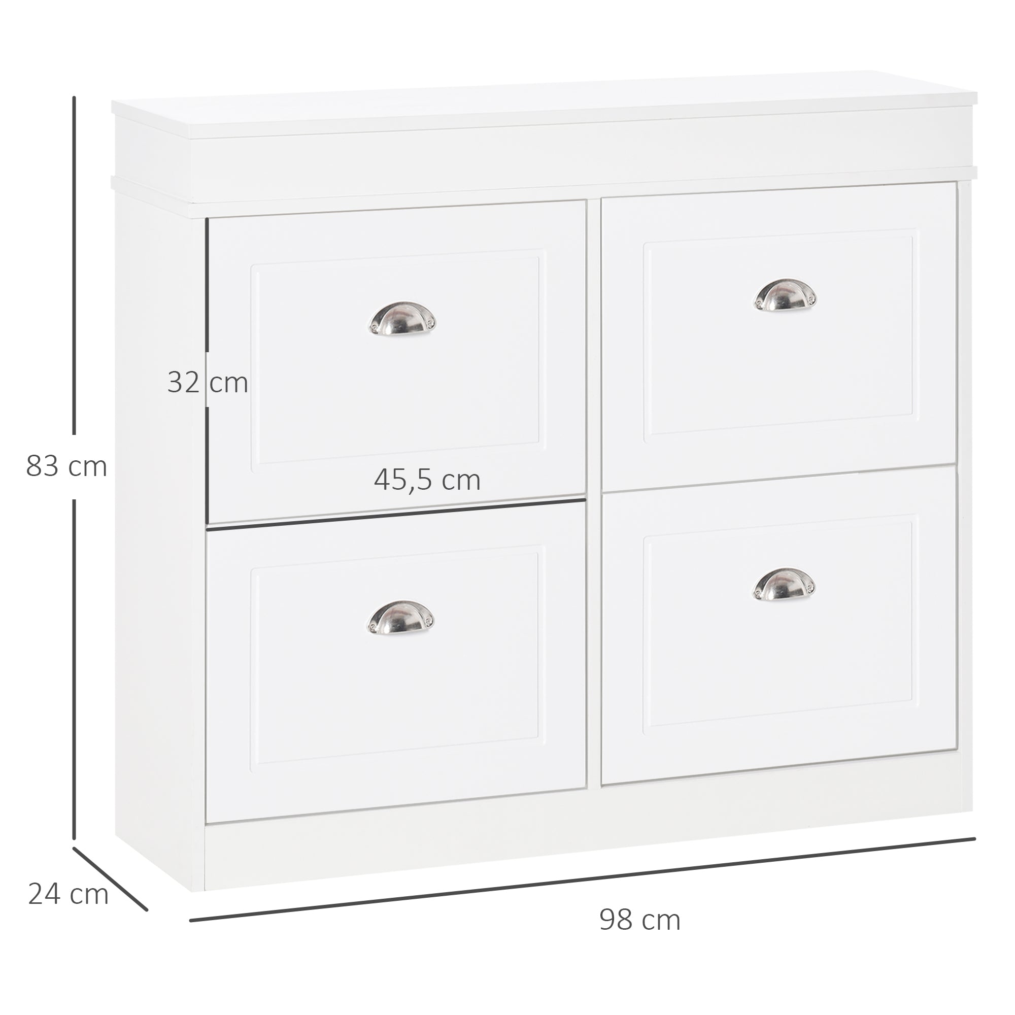 Shoe Cabinet Shoe Storage Unit dim. 98L x 24W x 83H cm 4 Flip-Down Doors Double Level MDF White
