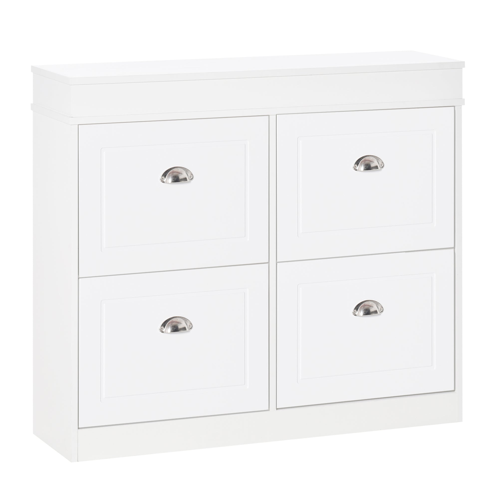 Shoe Cabinet Shoe Storage Unit dim. 98L x 24W x 83H cm 4 Flip-Down Doors Double Level MDF White