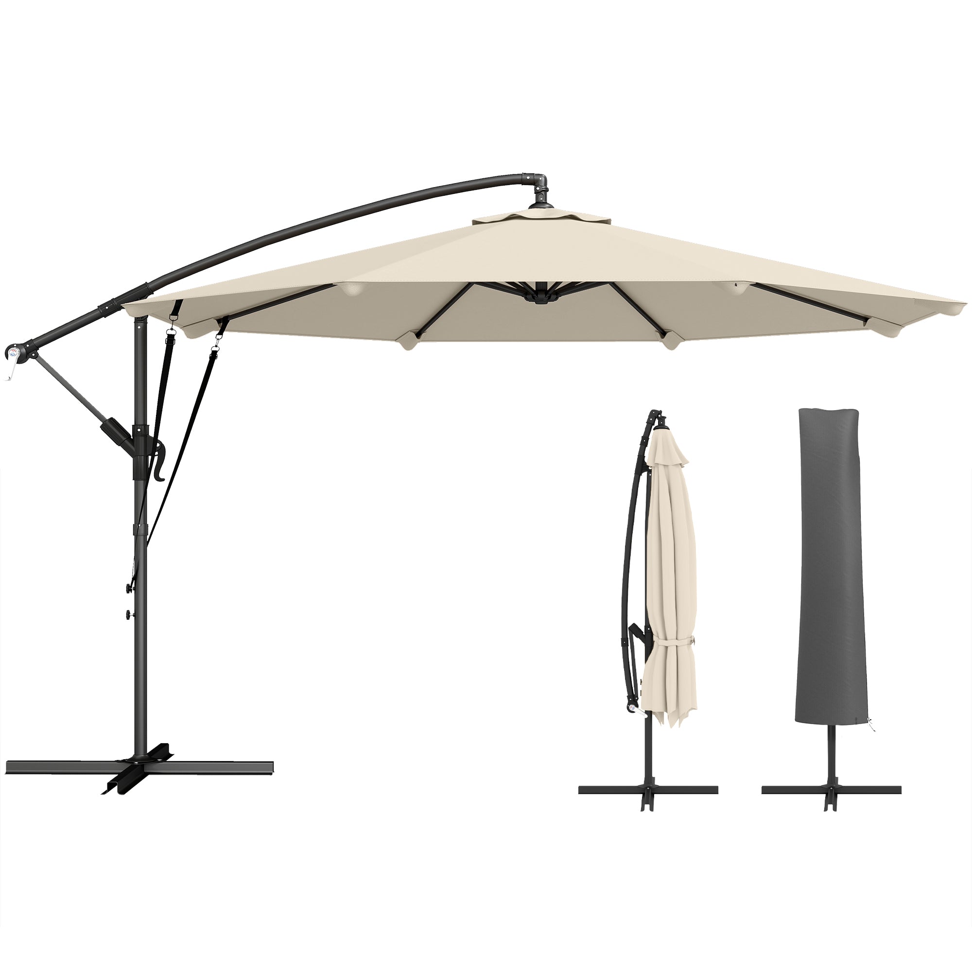 Cantilever Umbrella ~ Ø3.0 m | Tiltable Patio Parasol with Crank, Cross Base, Guy Ropes & Cover, UV-Resistant, Water-Repellent – Cream White