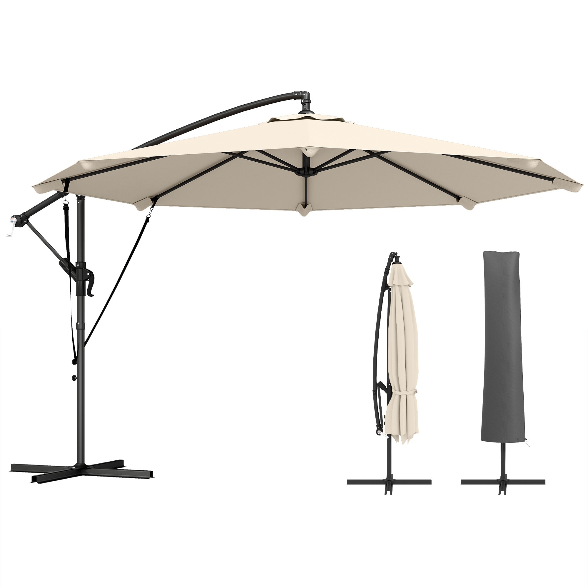 Cantilever Umbrella ~ Ø3.0 m | Tiltable Patio Parasol with Crank, Cross Base, Guy Ropes & Cover, UV-Resistant, Water-Repellent – Cream White