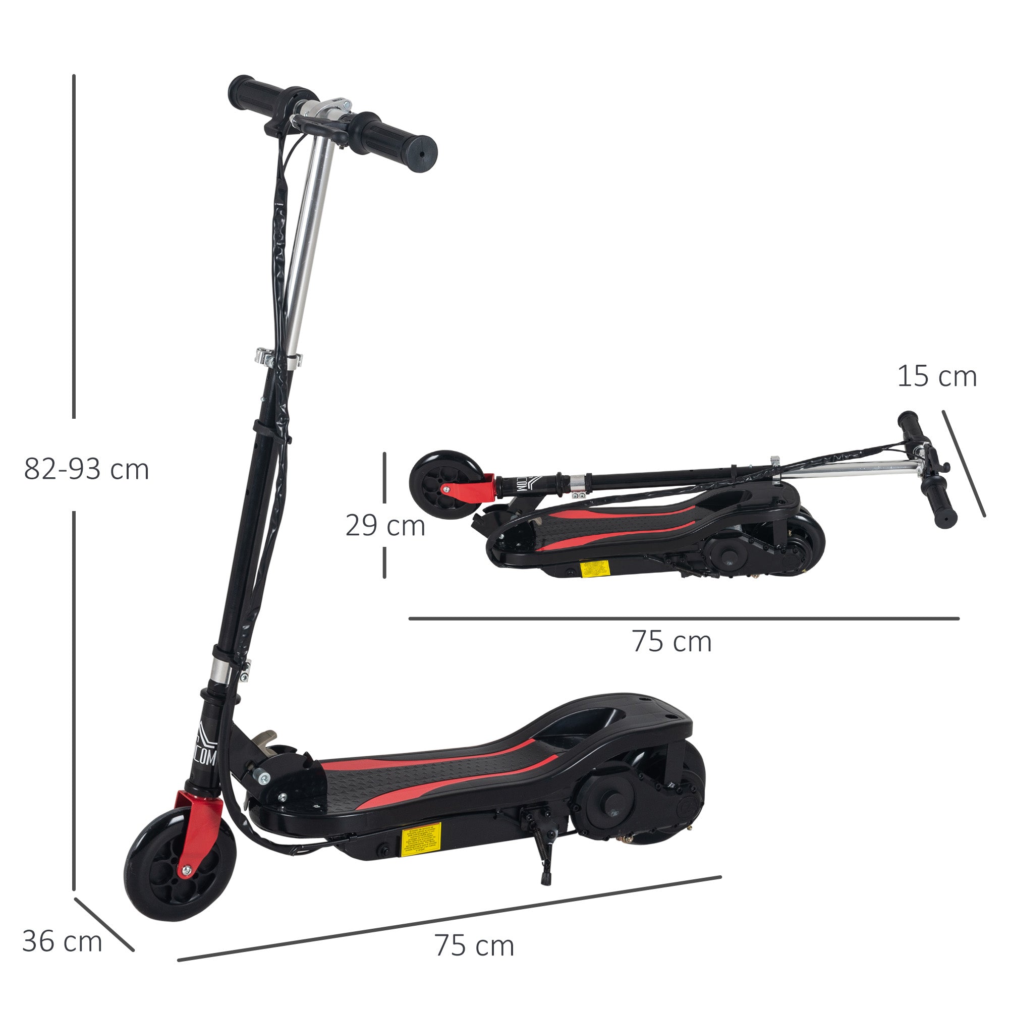 Foldable Electric Scooter for Kids 7-14 Years Max. 50 kg Scooter with Max Speed 12 km/h Adjustable Height Start Switch and Brakes 75x36x82-93 cm Black