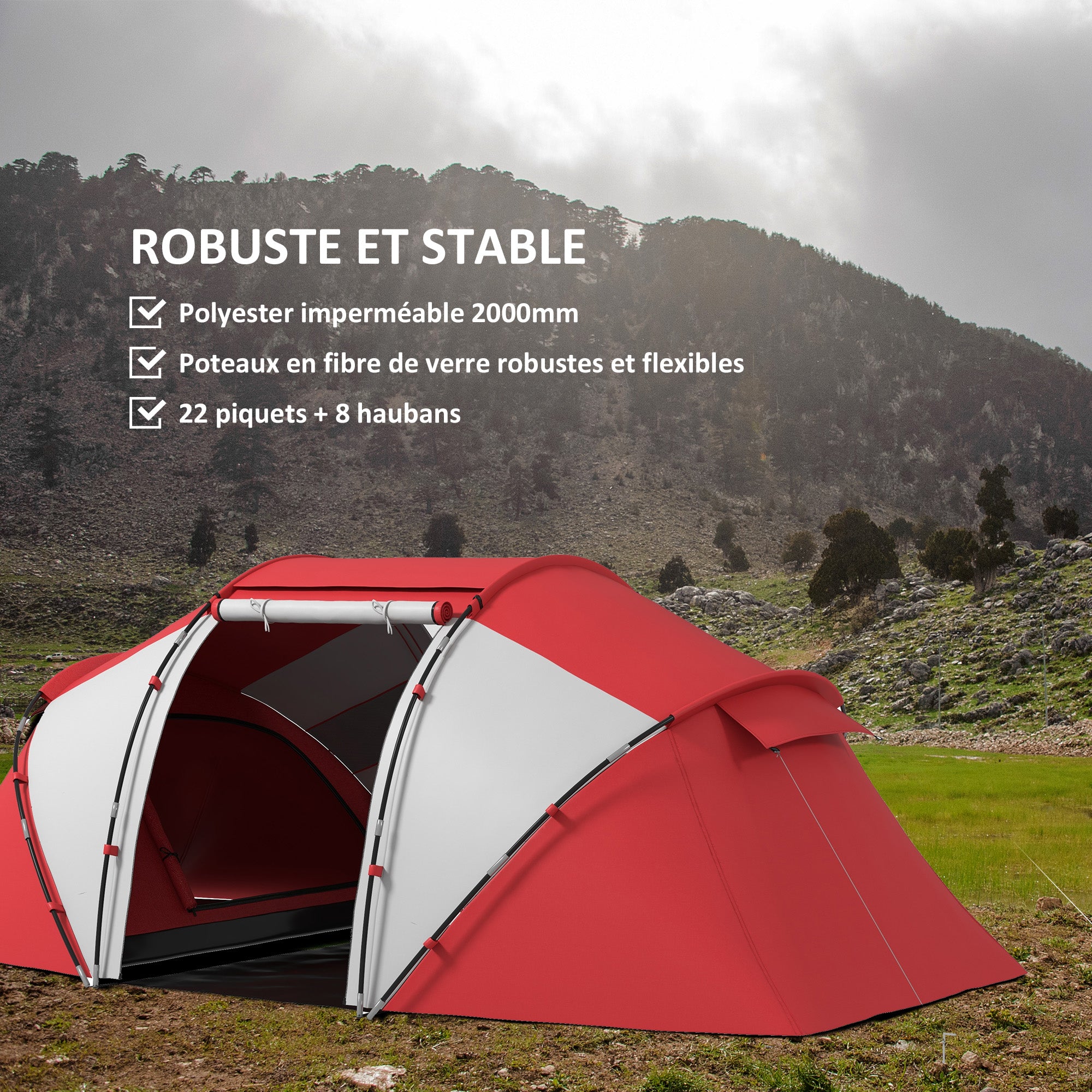 Family Camping Tent 4-6 People Waterproof Dome Tent Lightweight, Ventilated 2 Cabins Window Large Door Easy to Set Up 4.3L x 2.4W x 1.7H m Gray Red