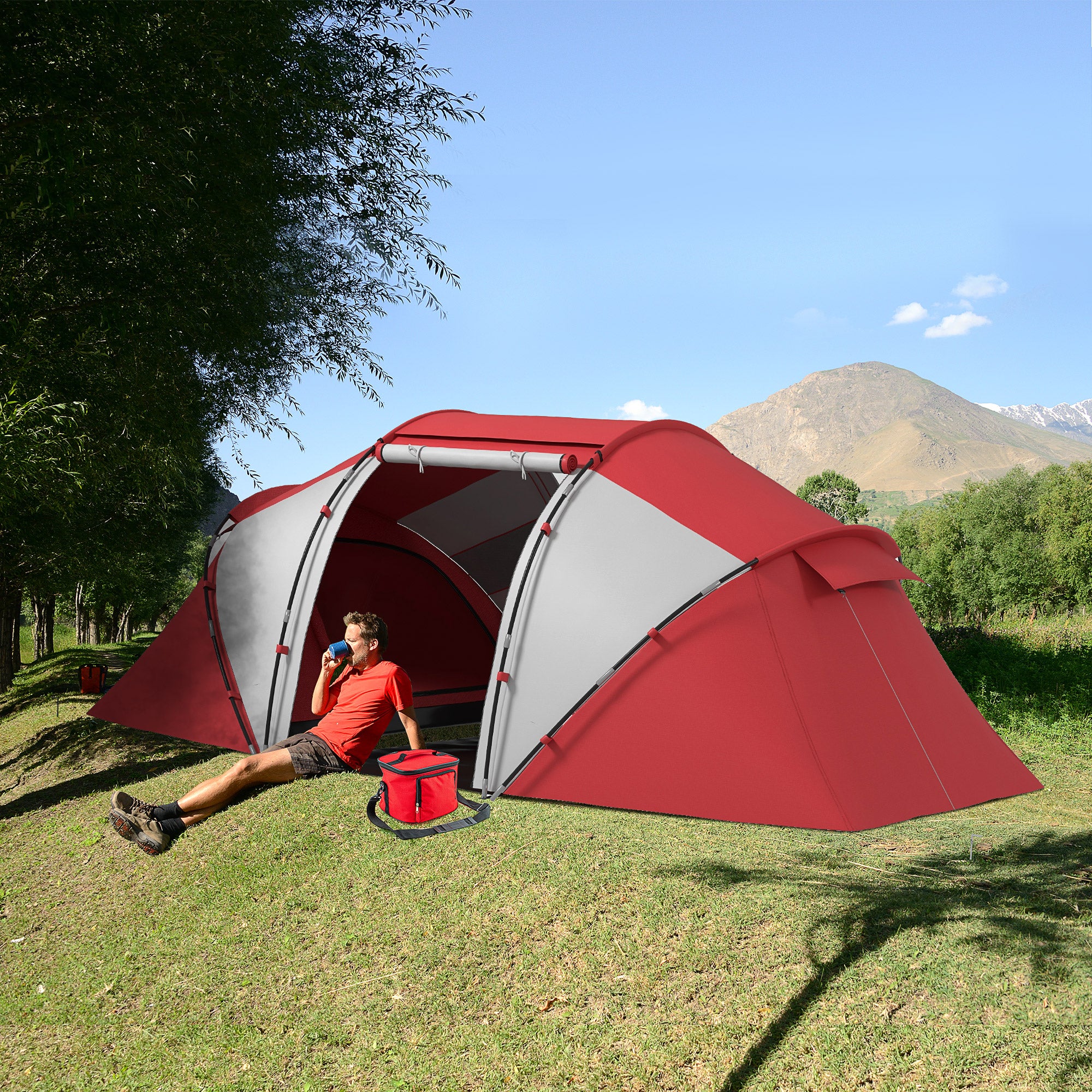 Family Camping Tent 4-6 People Waterproof Dome Tent Lightweight, Ventilated 2 Cabins Window Large Door Easy to Set Up 4.3L x 2.4W x 1.7H m Gray Red