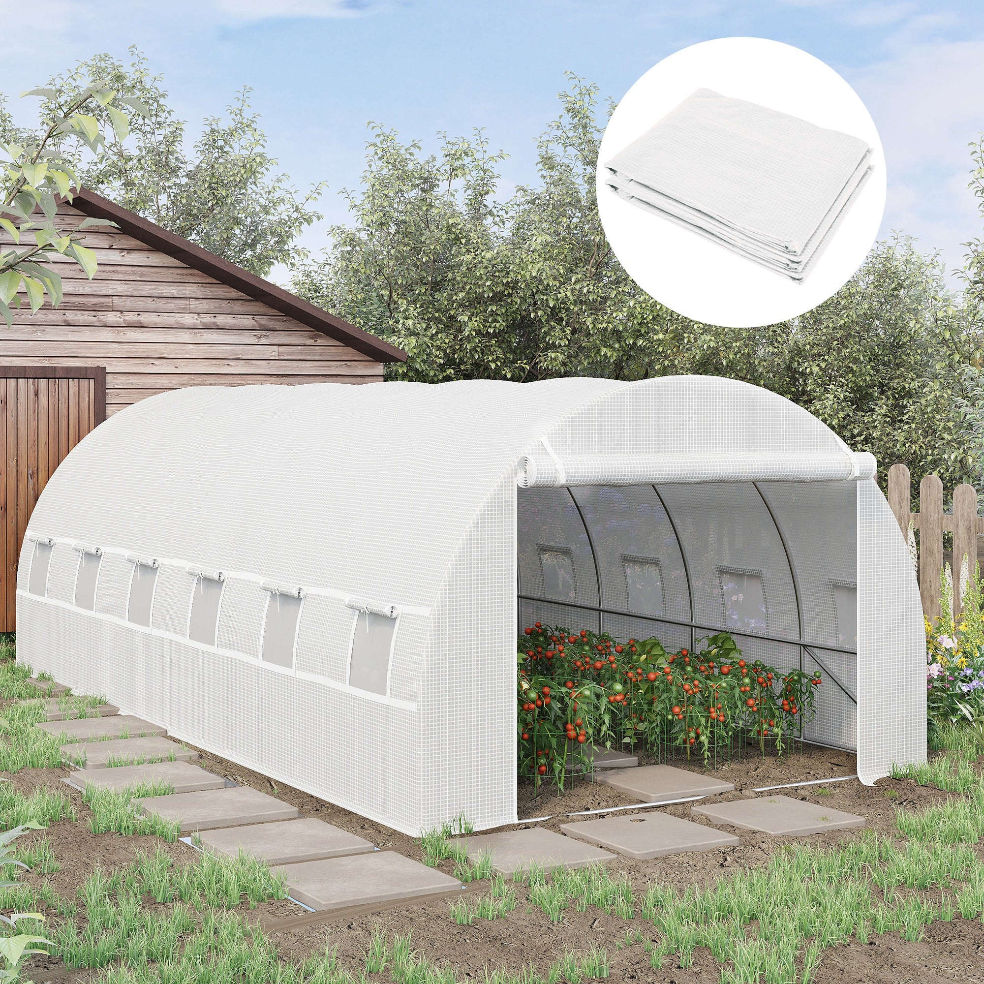 Replacement Film Replacement Cover 600 x 300 x 200 cm with front door, 12 windows tear-resistant greenhouse film, garden film for greenhouse, hothouse, cold frame, White