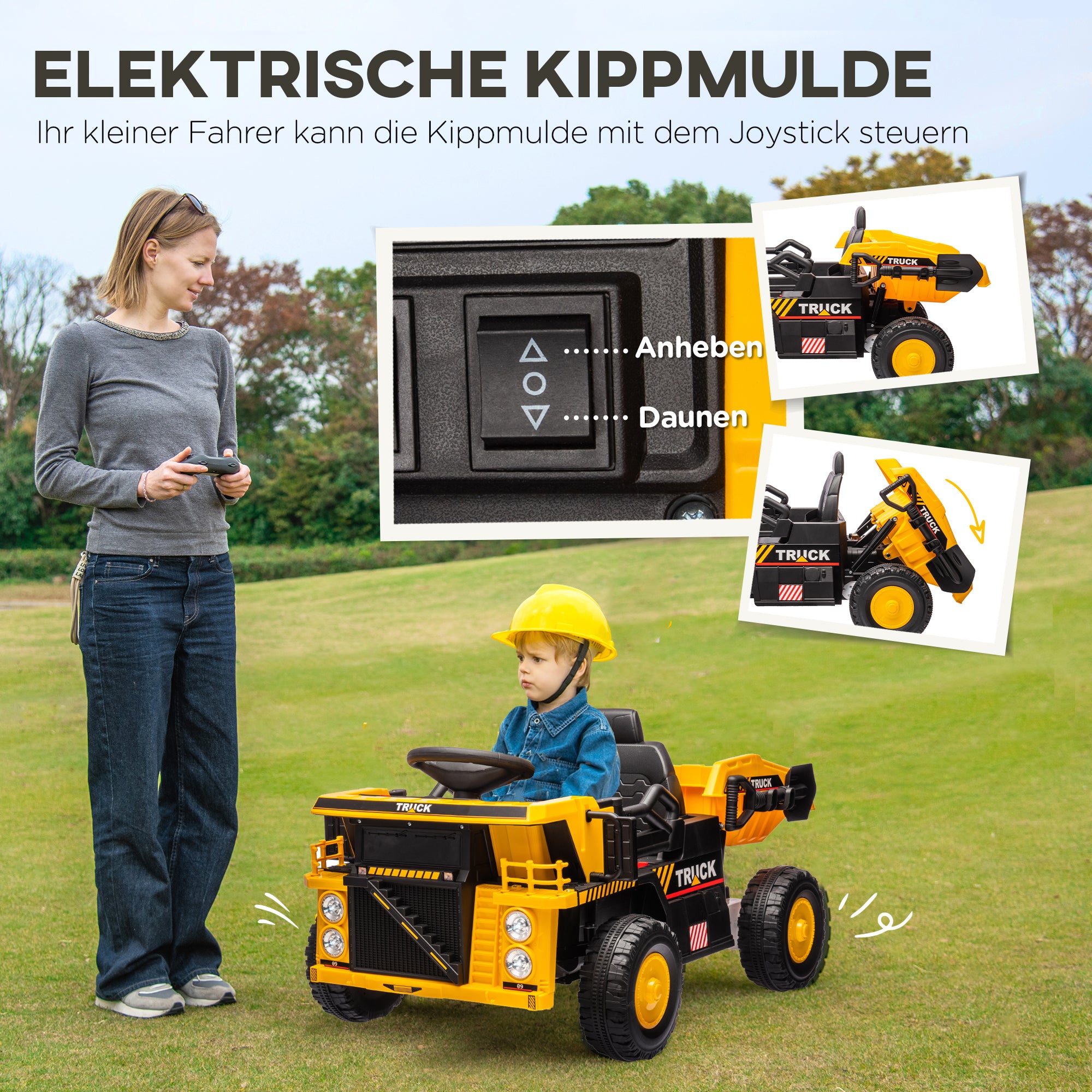 Electric Tractor with Shovel, 12V Kids Ride-On Tractor, Children's Electric Car with MP3 Function, Kids Vehicle with Headlights, 3-6 km/h, for 3-5 Years, Yellow