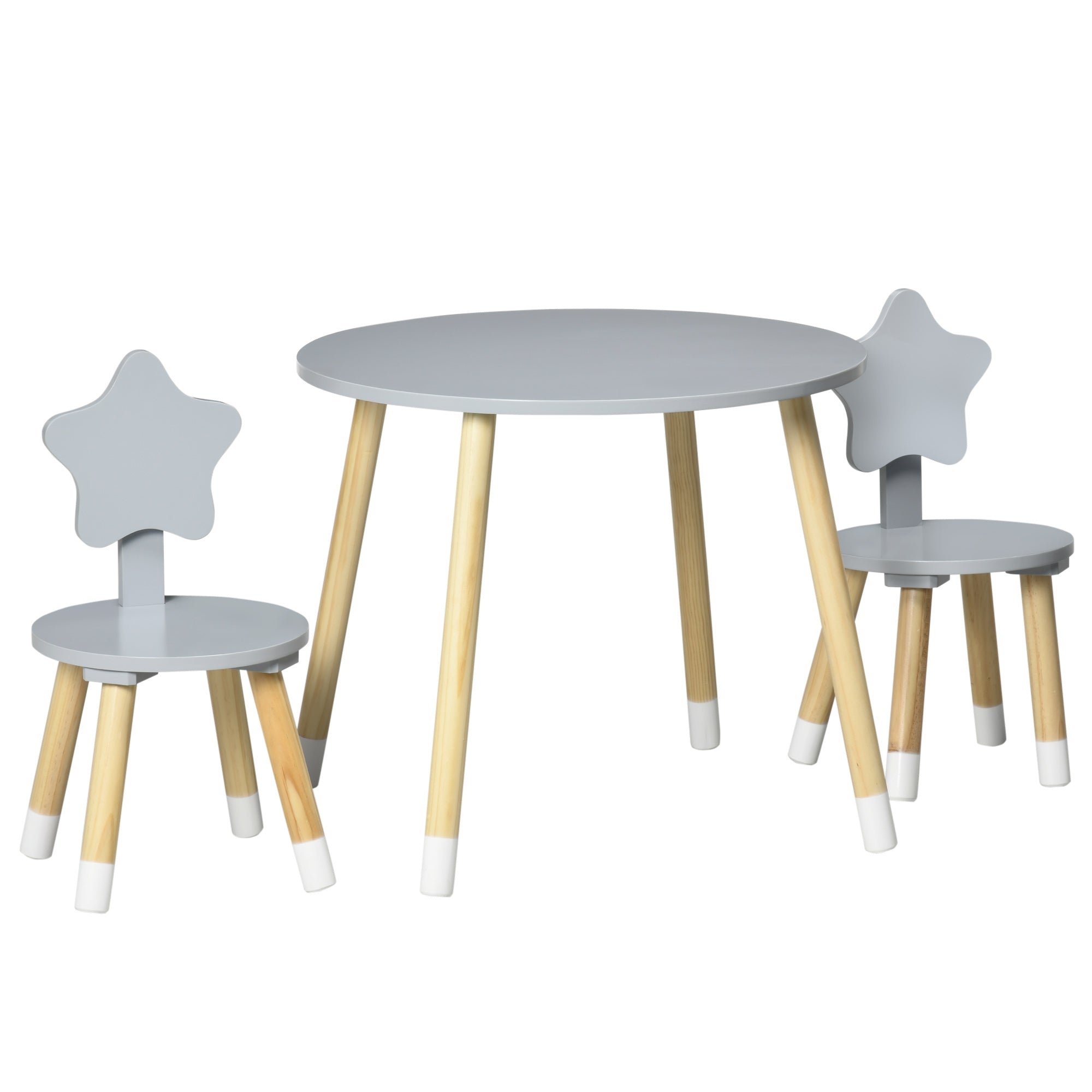 Kids' Wooden Table and 2 Chairs Set with Round Table Ø59x50 cm and Chairs Ø28x51 cm Children Furniture for Playroom Bedroom Gray