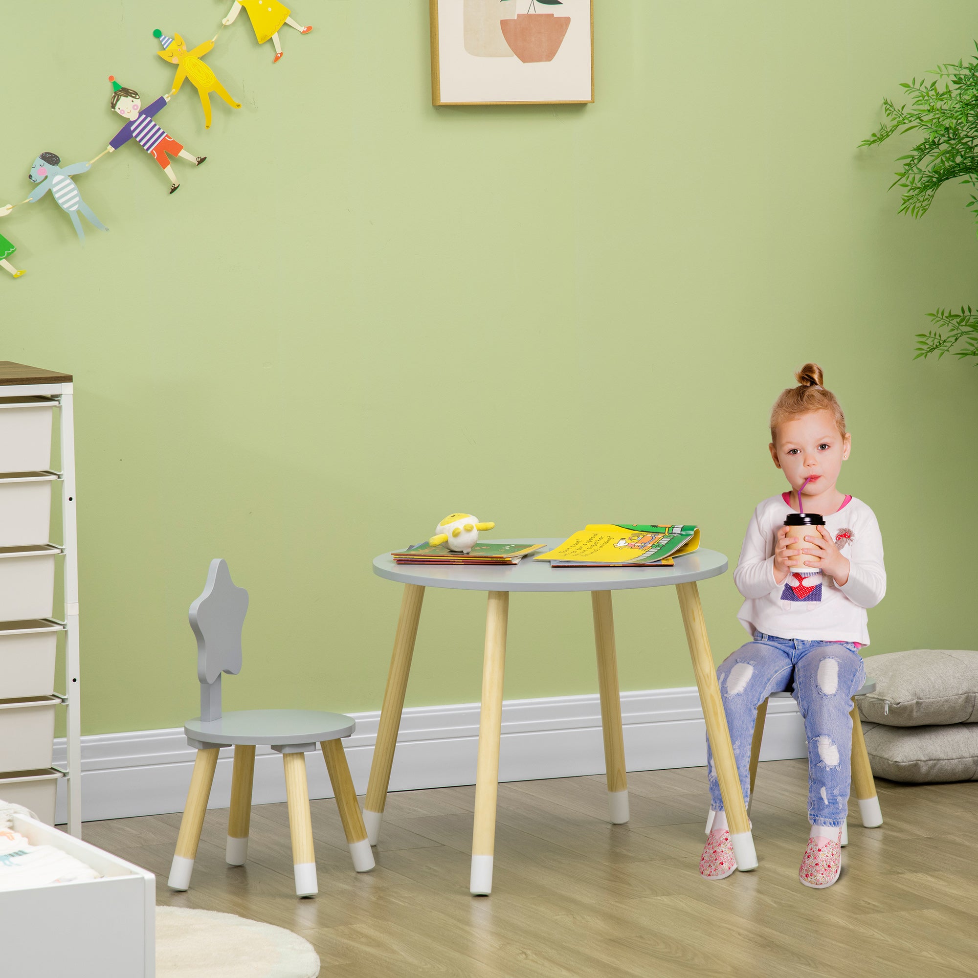Kids' Wooden Table and 2 Chairs Set with Round Table Ø59x50 cm and Chairs Ø28x51 cm Children Furniture for Playroom Bedroom Gray