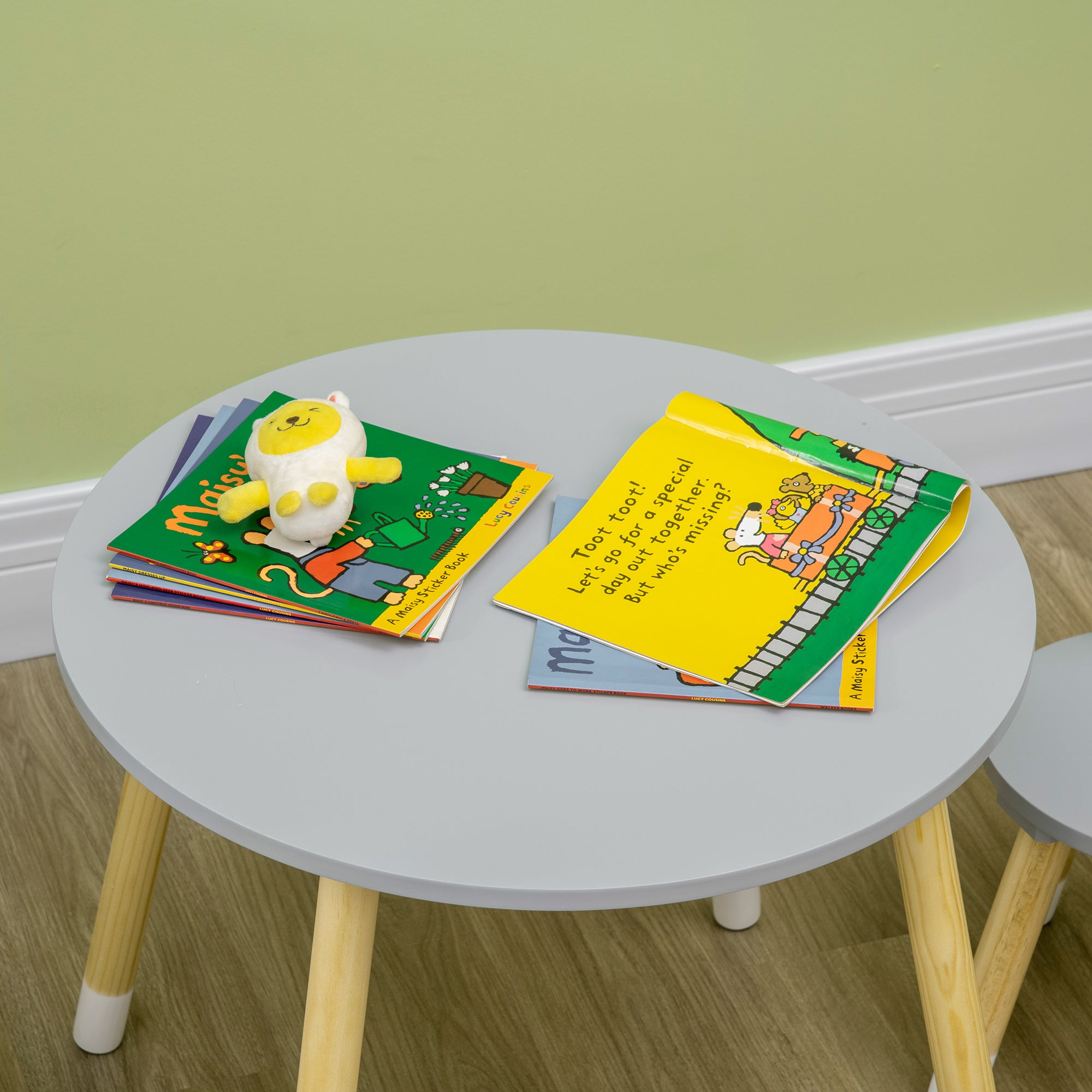 Kids' Wooden Table and 2 Chairs Set with Round Table Ø59x50 cm and Chairs Ø28x51 cm Children Furniture for Playroom Bedroom Gray