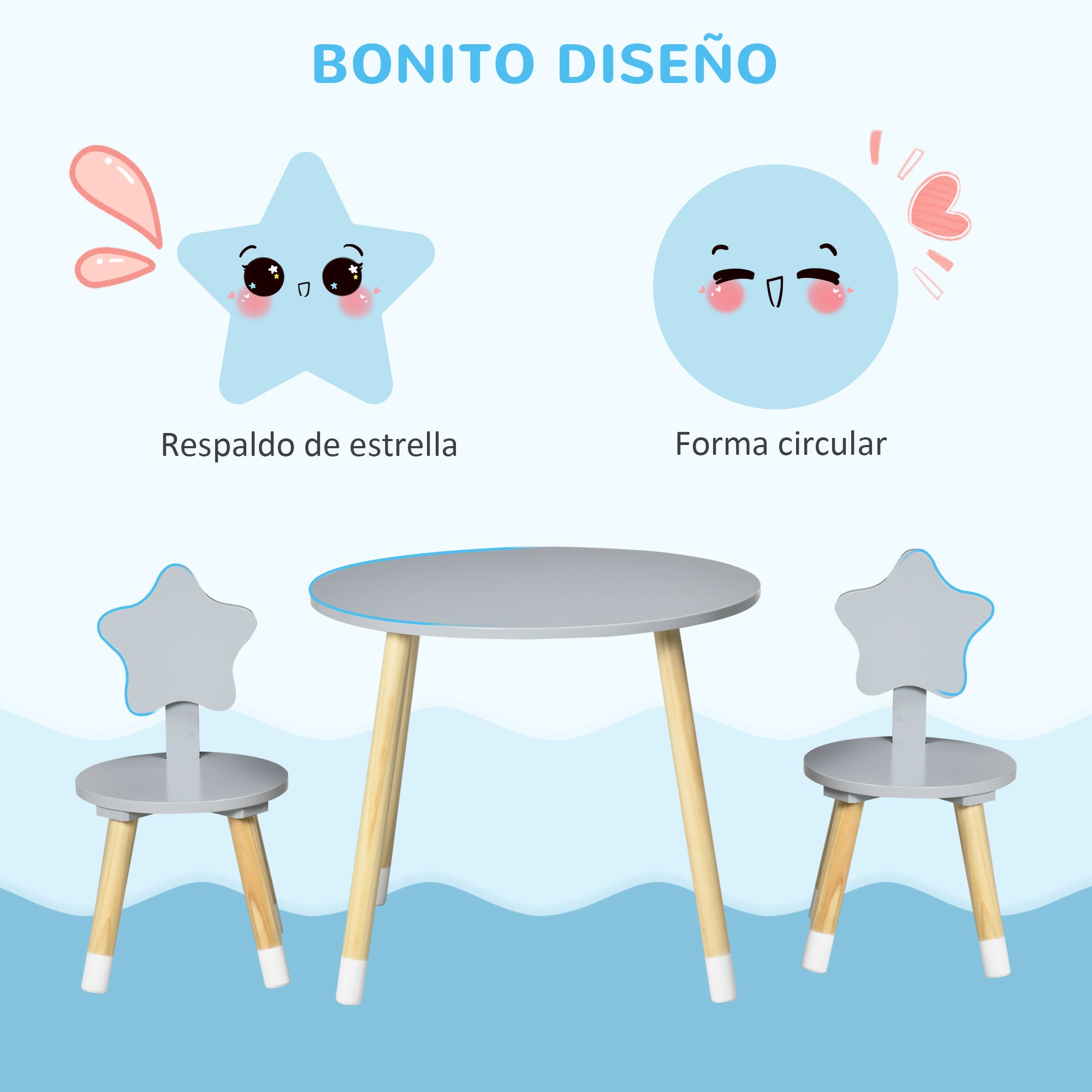 Kids' Wooden Table and 2 Chairs Set with Round Table Ø59x50 cm and Chairs Ø28x51 cm Children Furniture for Playroom Bedroom Gray