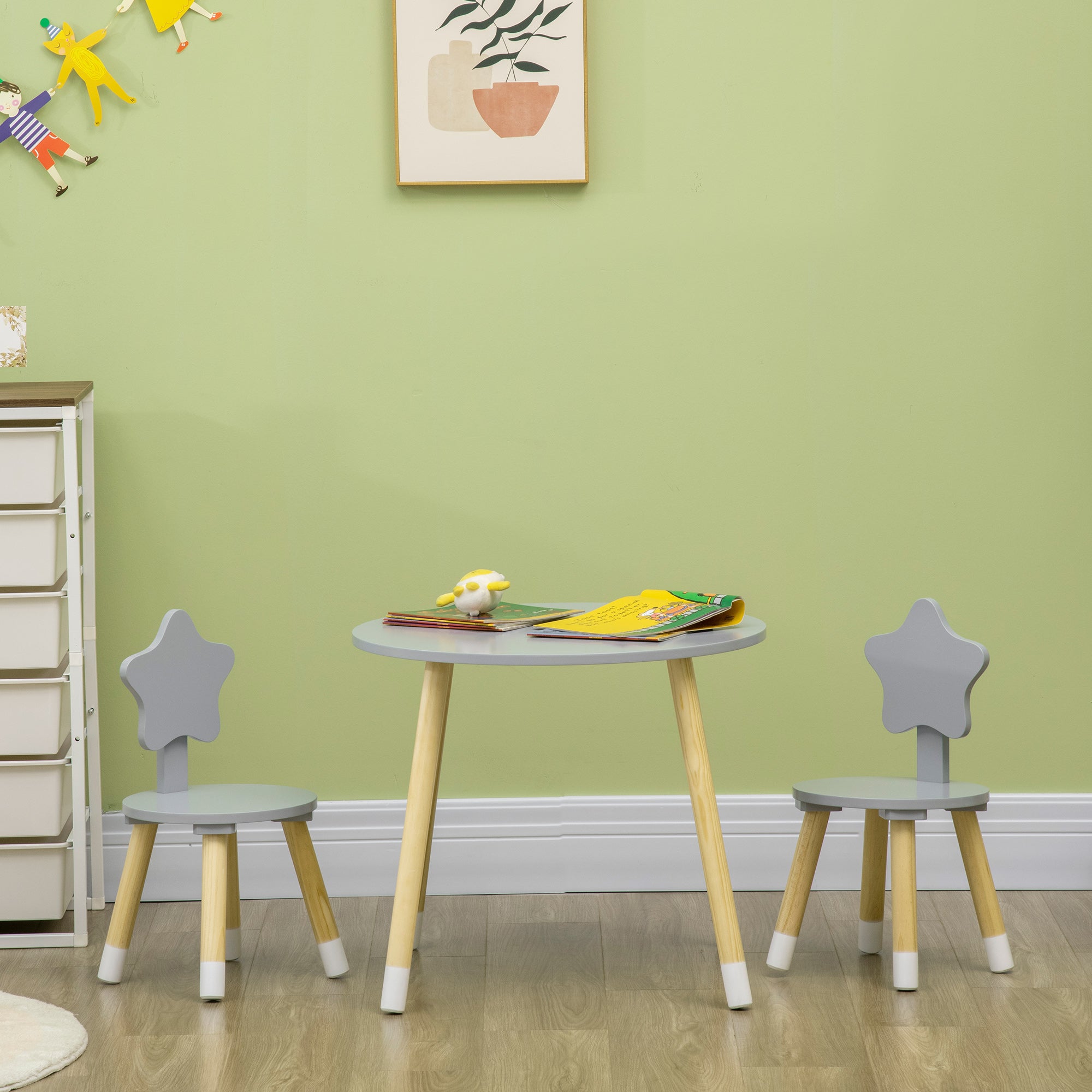 Kids' Wooden Table and 2 Chairs Set with Round Table Ø59x50 cm and Chairs Ø28x51 cm Children Furniture for Playroom Bedroom Gray