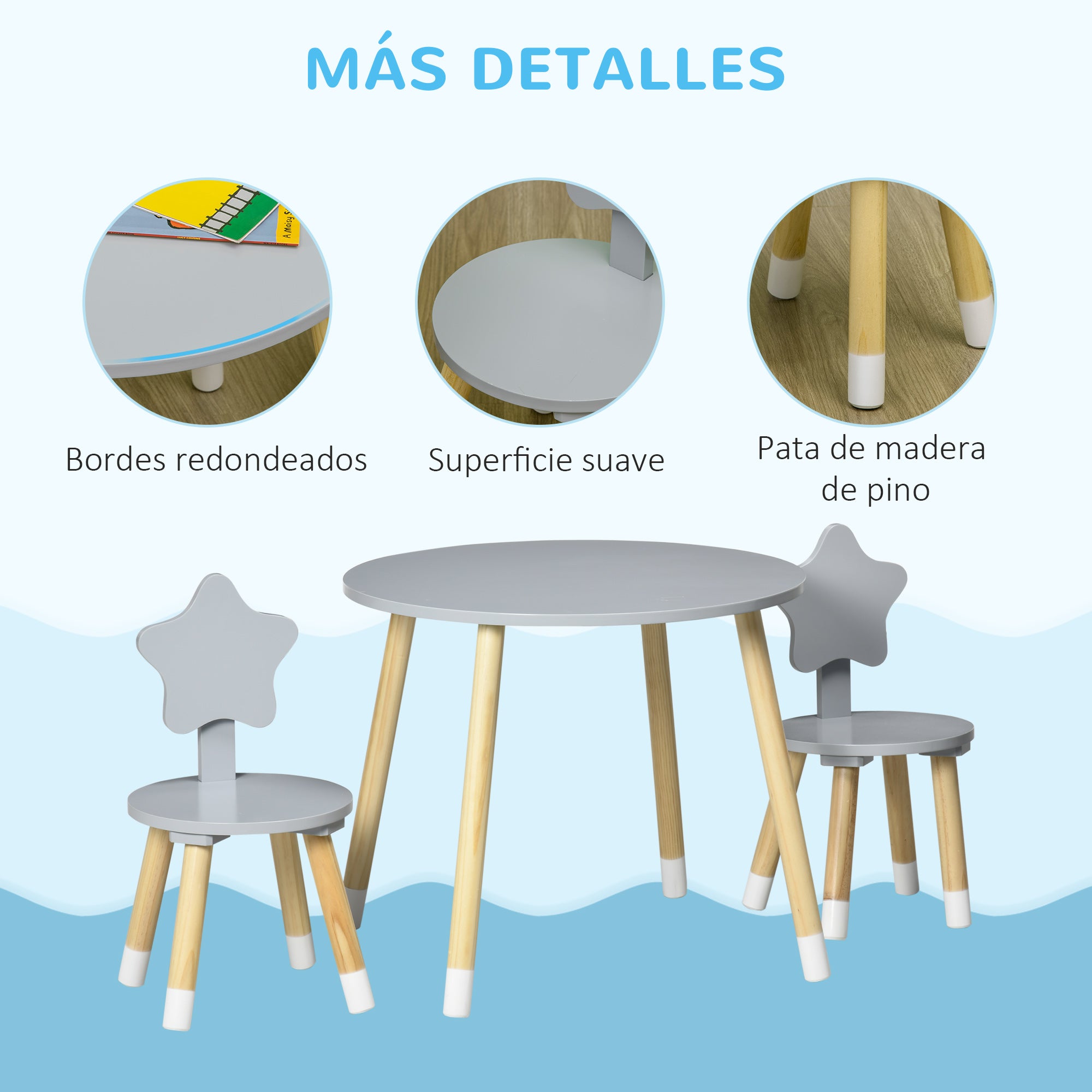 Kids' Wooden Table and 2 Chairs Set with Round Table Ø59x50 cm and Chairs Ø28x51 cm Children Furniture for Playroom Bedroom Gray