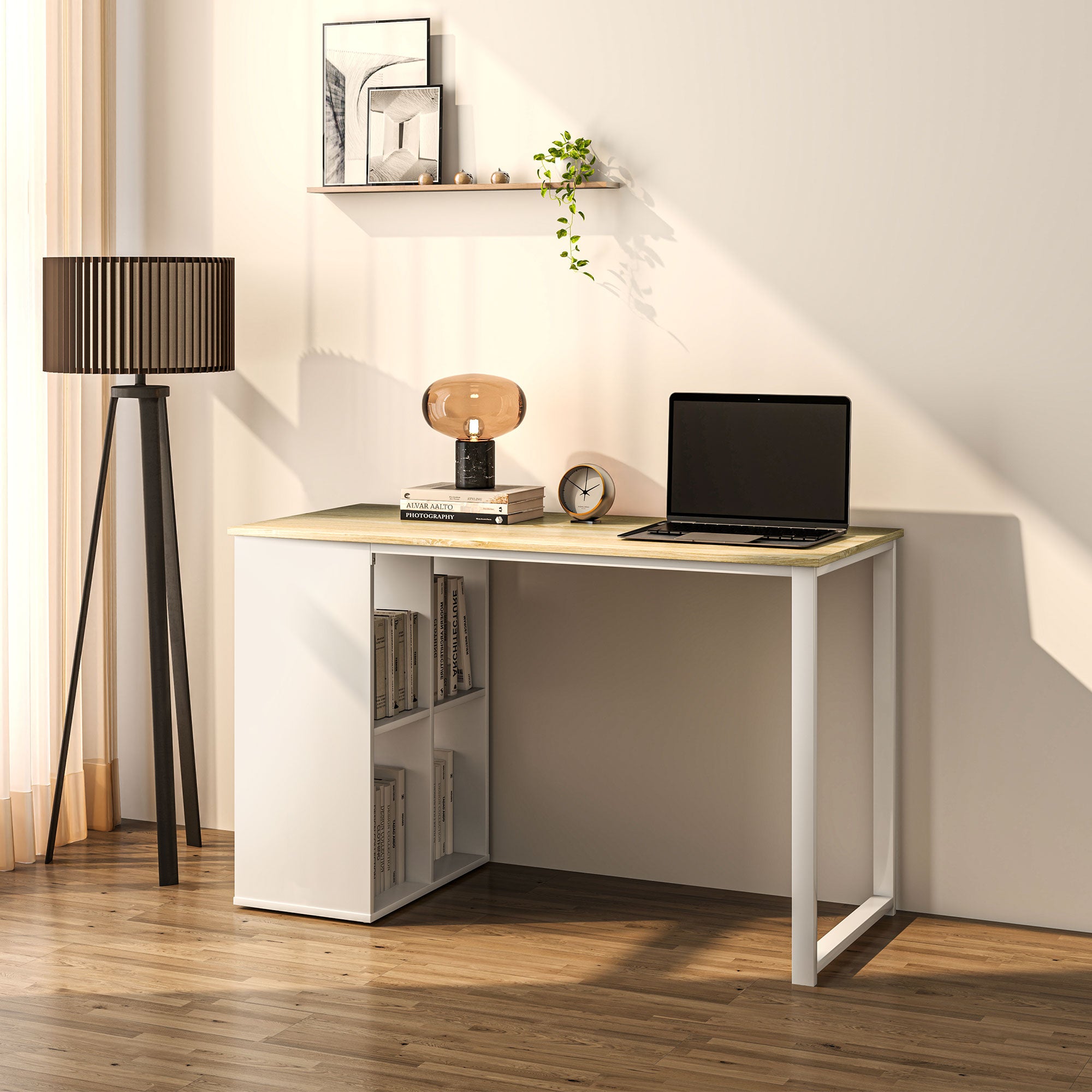 Computer Desk with 4 Open Shelves, 120x54 cm Space-Saving Office Desk, Modern PC Table for Study in Wood, White and Oak