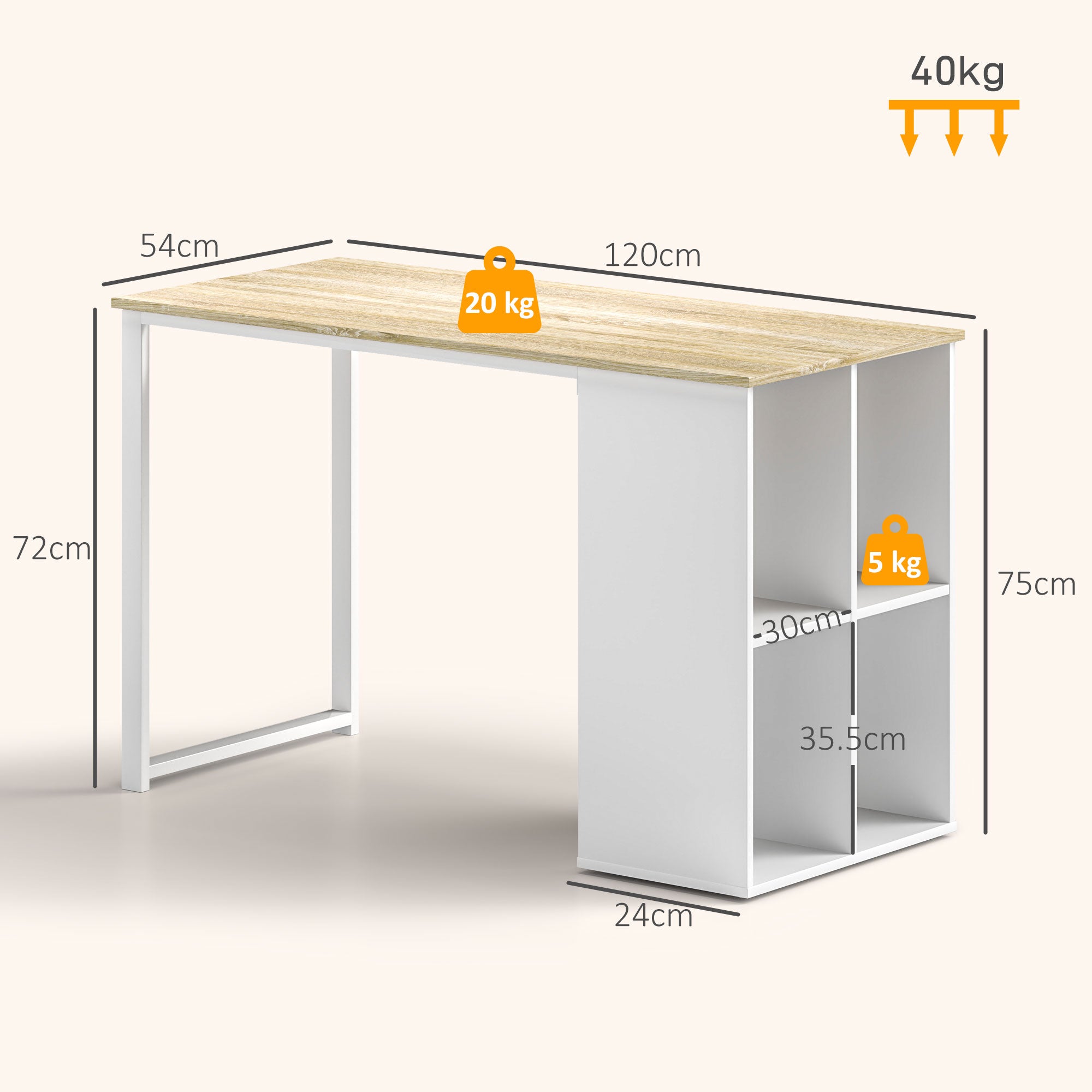 Computer Desk with 4 Open Shelves, 120x54 cm Space-Saving Office Desk, Modern PC Table for Study in Wood, White and Oak