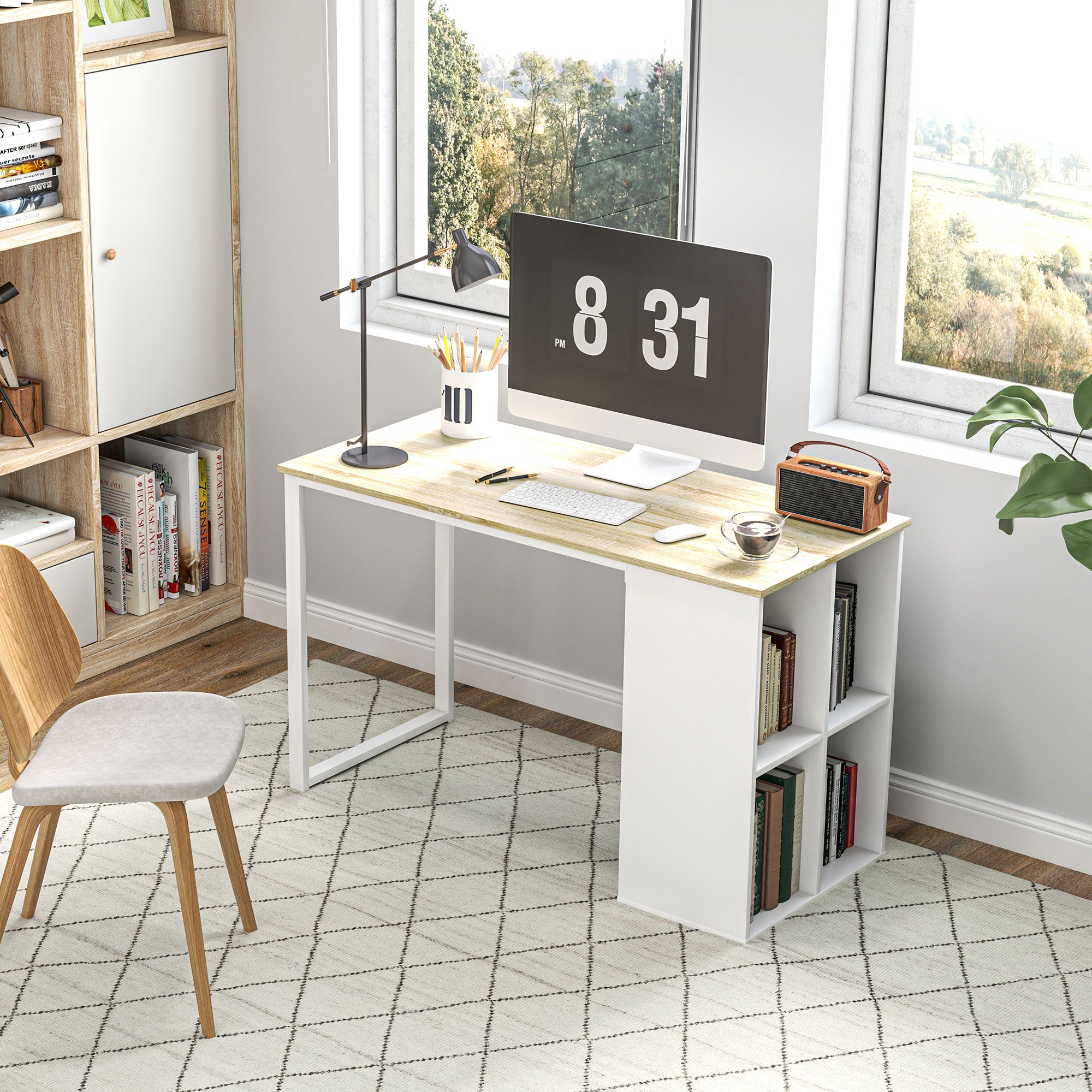 Computer Desk with 4 Open Shelves, 120x54 cm Space-Saving Office Desk, Modern PC Table for Study in Wood, White and Oak