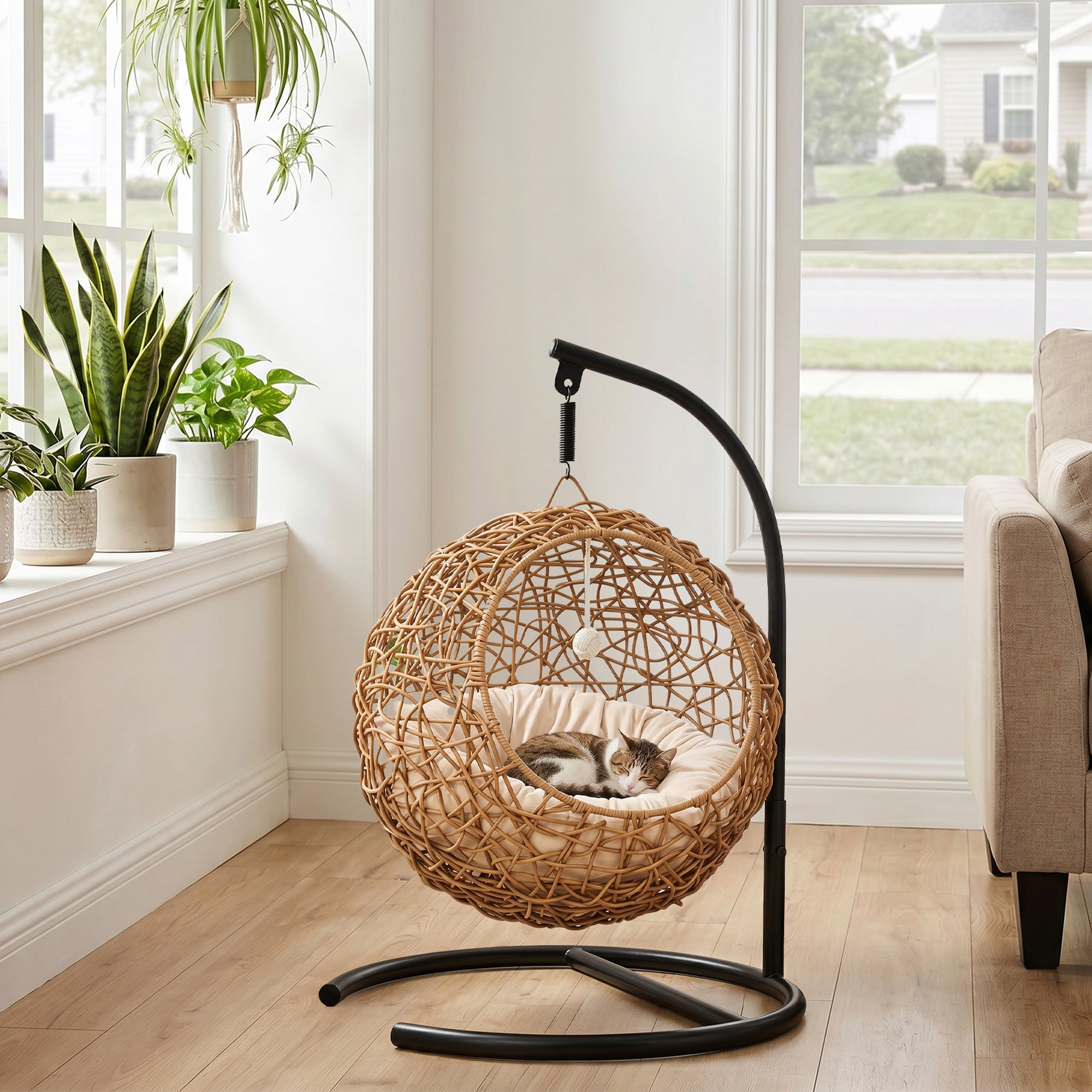 Woven Cat Bed — Elevated Rattan Cat House with Washable Cushion & Toy Ball, Indoor Hideout, 17.7 x 16.1 x 29.5 in (45 x 41 x 75 cm), Light Brown