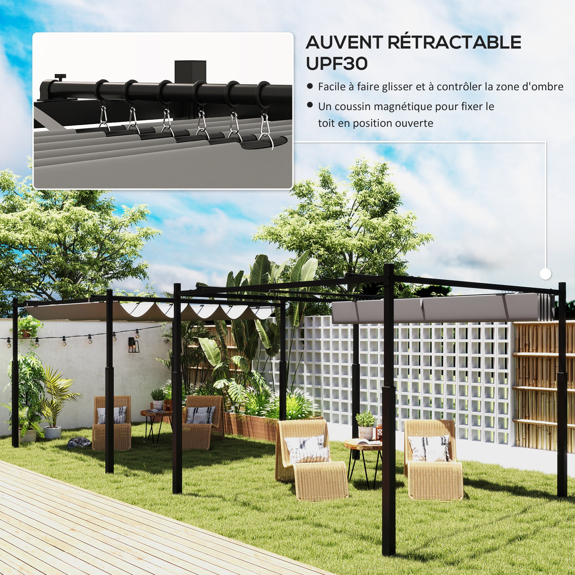 Retractable Pergola 3 x 3 m (approx. 9'9" x 9'9") – 180 gsm Polyester, UPF30+, Magnetic Fixing, Gray