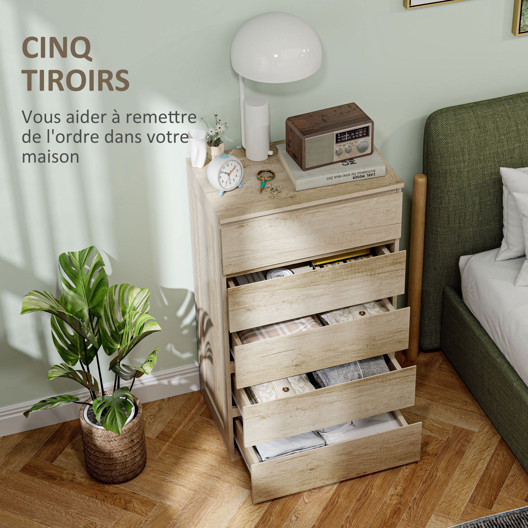 5-Drawer Chest of Drawers Bedroom Storage Unit Modern Style with Soft Close Mechanism - 60 x 38 x 100 cm, Natural Wood