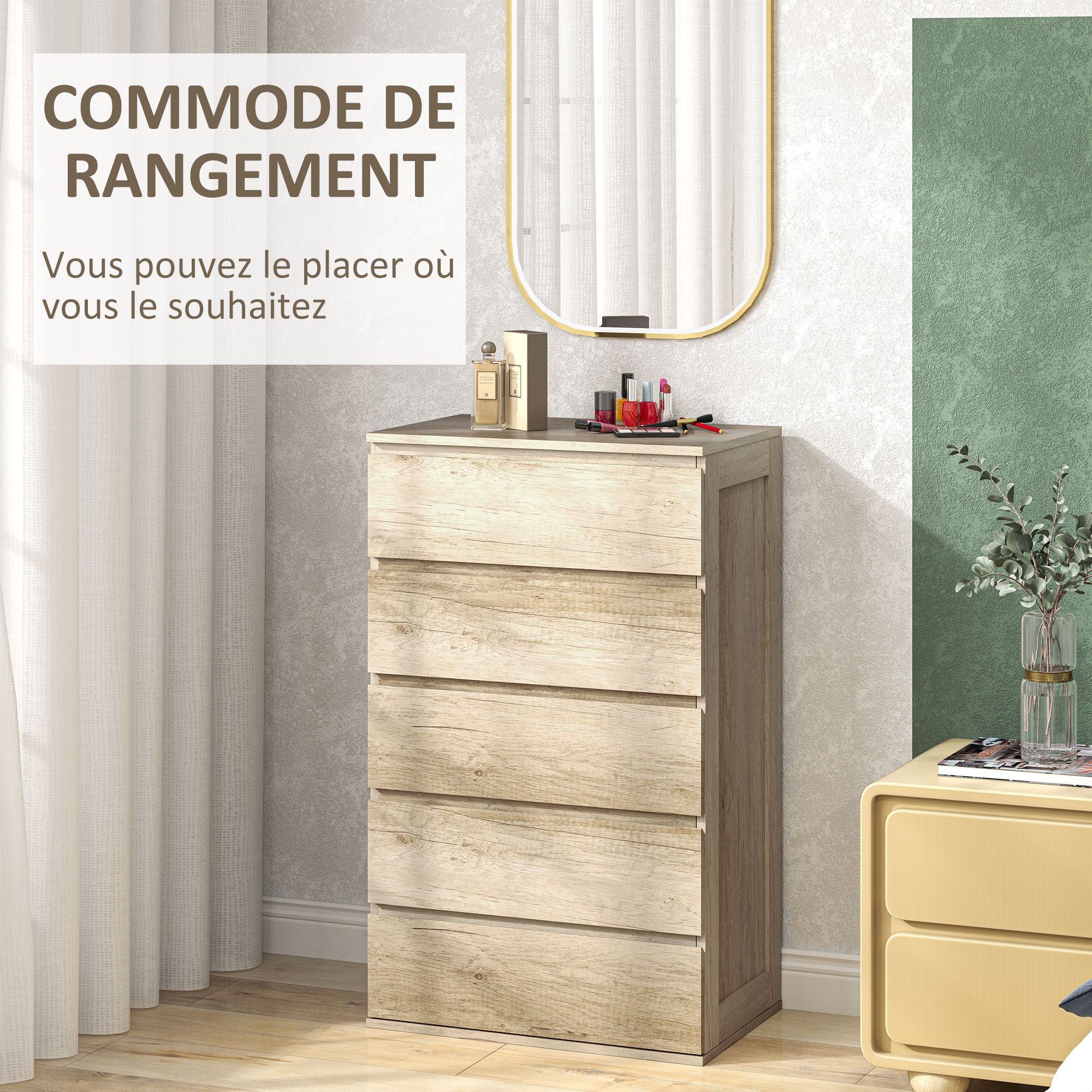 5-Drawer Chest of Drawers Bedroom Storage Unit Modern Style with Soft Close Mechanism - 60 x 38 x 100 cm, Natural Wood
