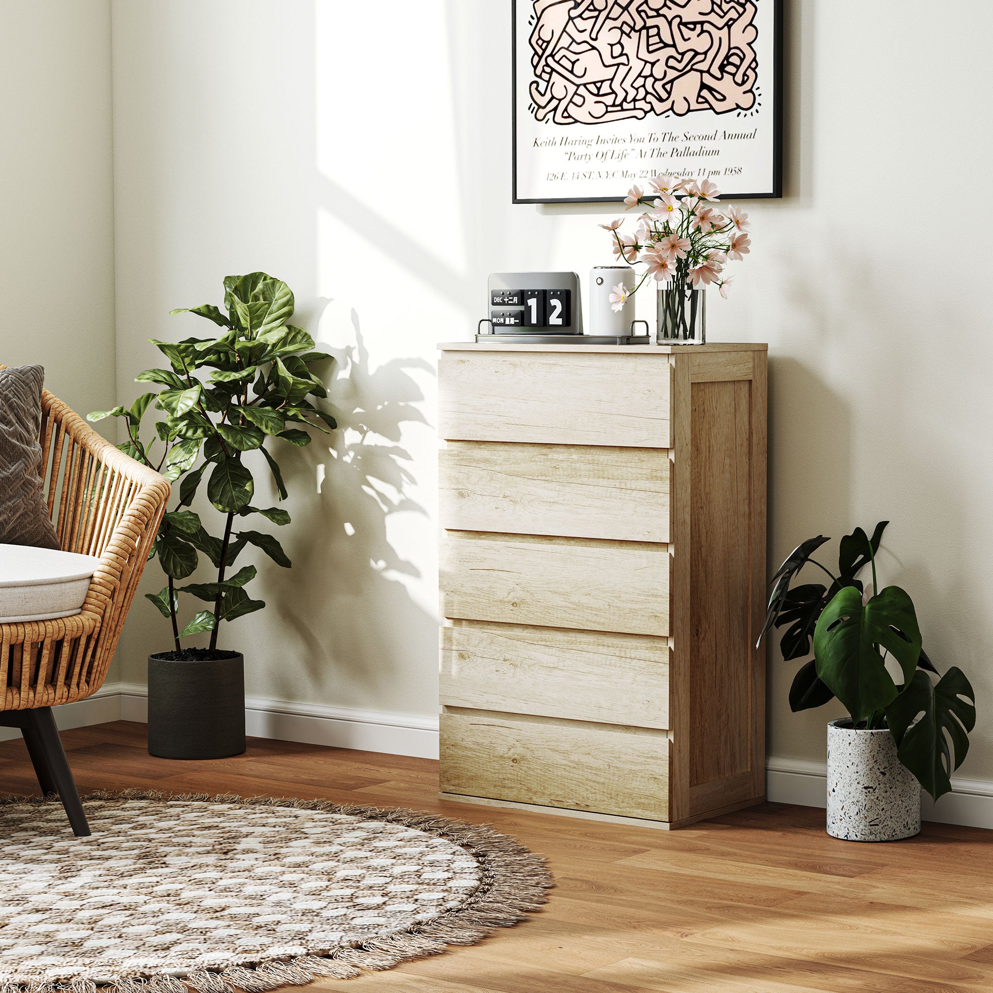 5-Drawer Chest of Drawers Bedroom Storage Unit Modern Style with Soft Close Mechanism - 60 x 38 x 100 cm, Natural Wood